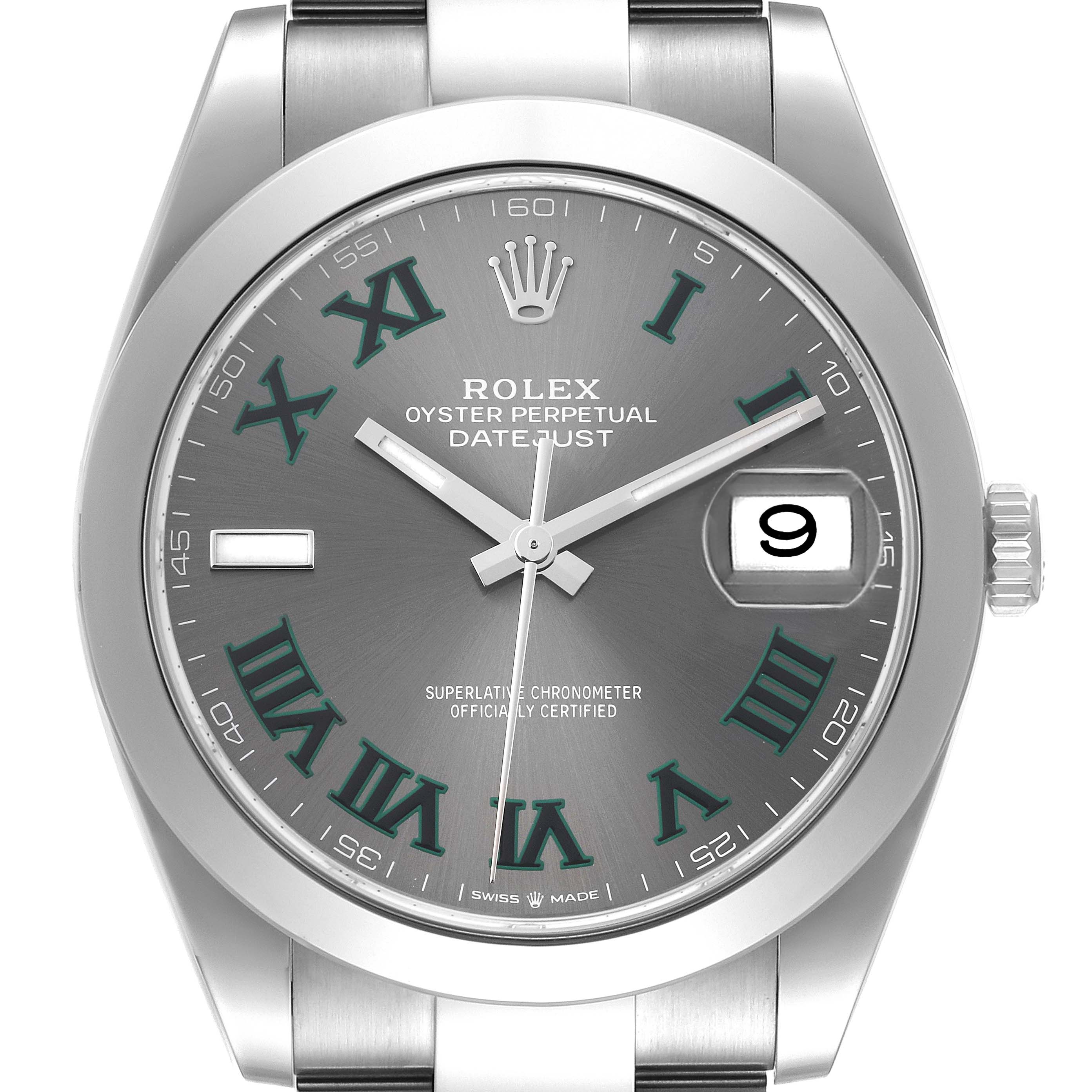 This image shows the front view of the Rolex Datejust 41 126300 Men
s Stainless Steel Grey Dial 126300 Men
s Stainless Steel Grey Dial, highlighting the dial, hands, date window, and part of the bracelet.