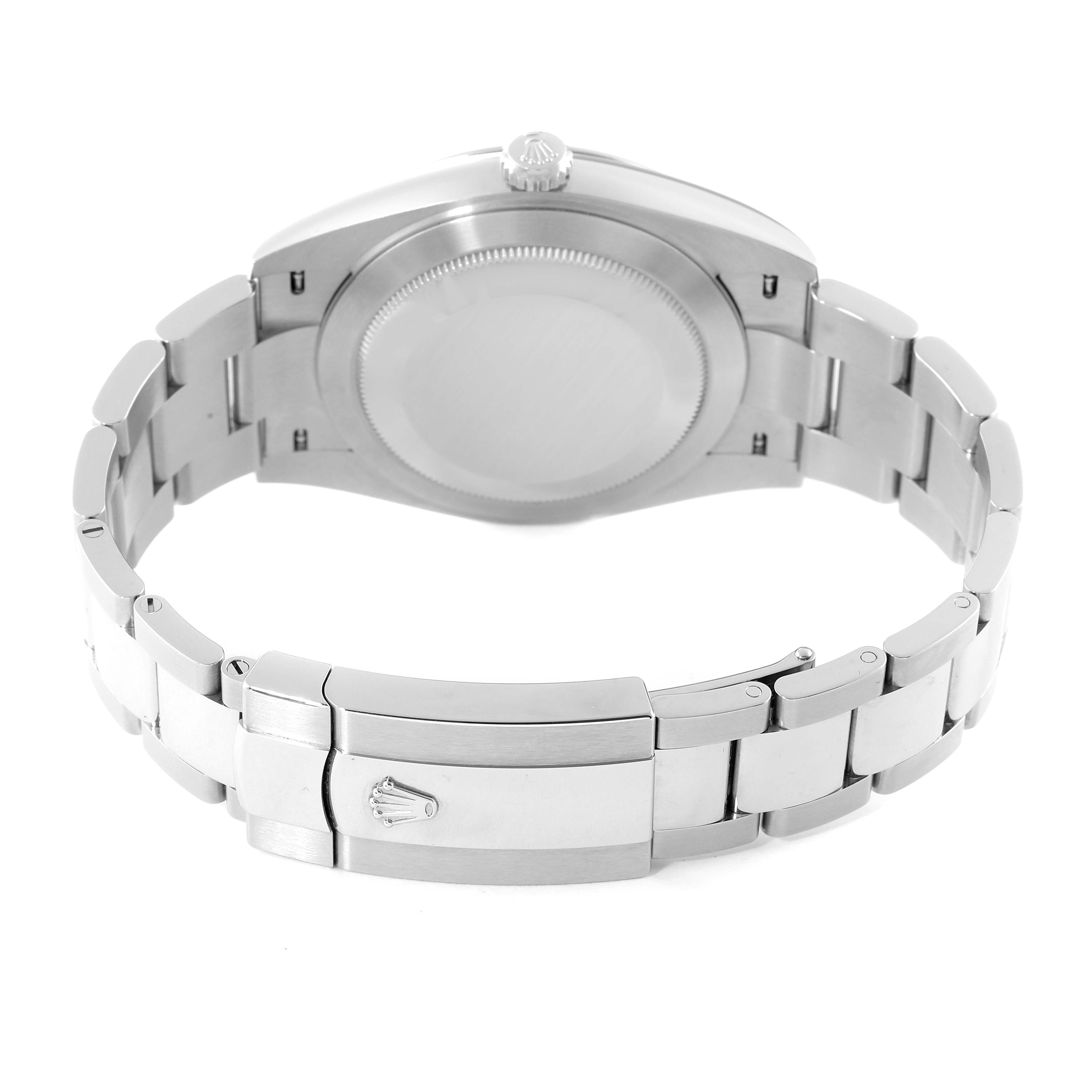 The image shows the back view of the Rolex Datejust 41 126300 Men
s Stainless Steel Grey Dial 126300 Men
s Stainless Steel Grey Dial, highlighting the case back and bracelet clasp.