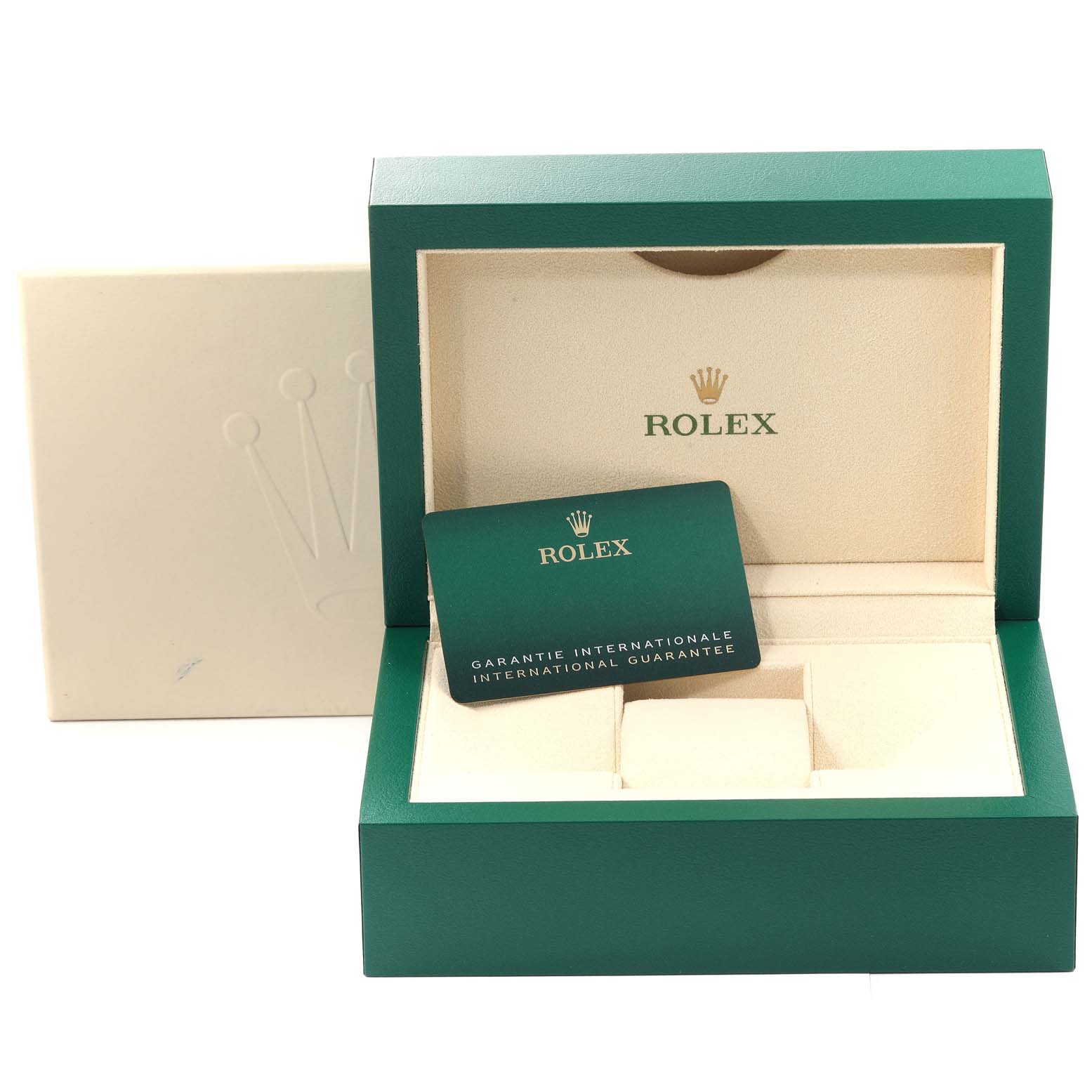 The image shows the open box and guarantee card for a Rolex Datejust 41 126300 Men
s Stainless Steel Grey Dial 126300 Men
s Stainless Steel Grey Dial model watch.