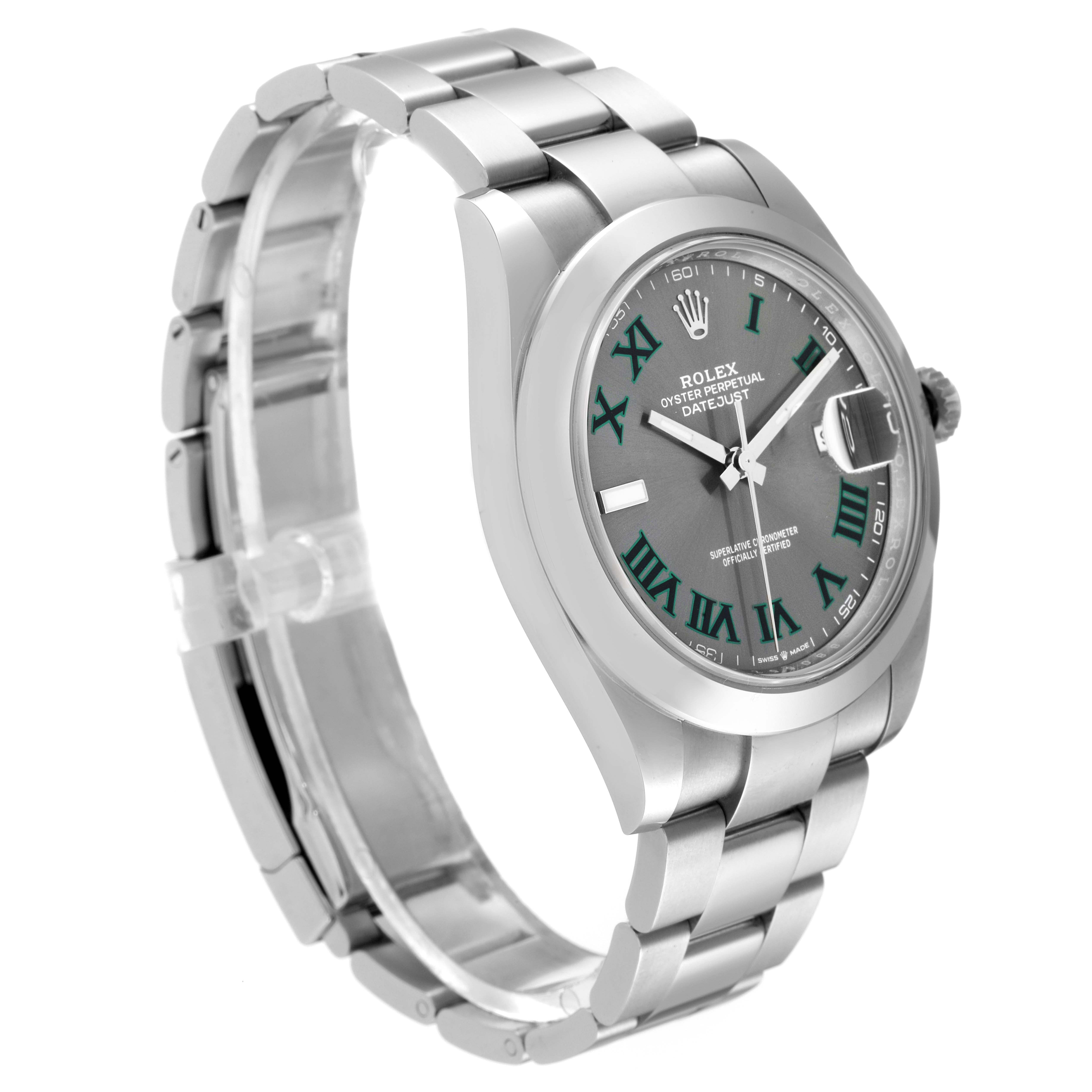 The image shows a side-angle view of a Rolex Datejust 41 126300 Men
s Stainless Steel Grey Dial 126300 Men
s Stainless Steel Grey Dial, displaying the bracelet, case, dial, and crown.