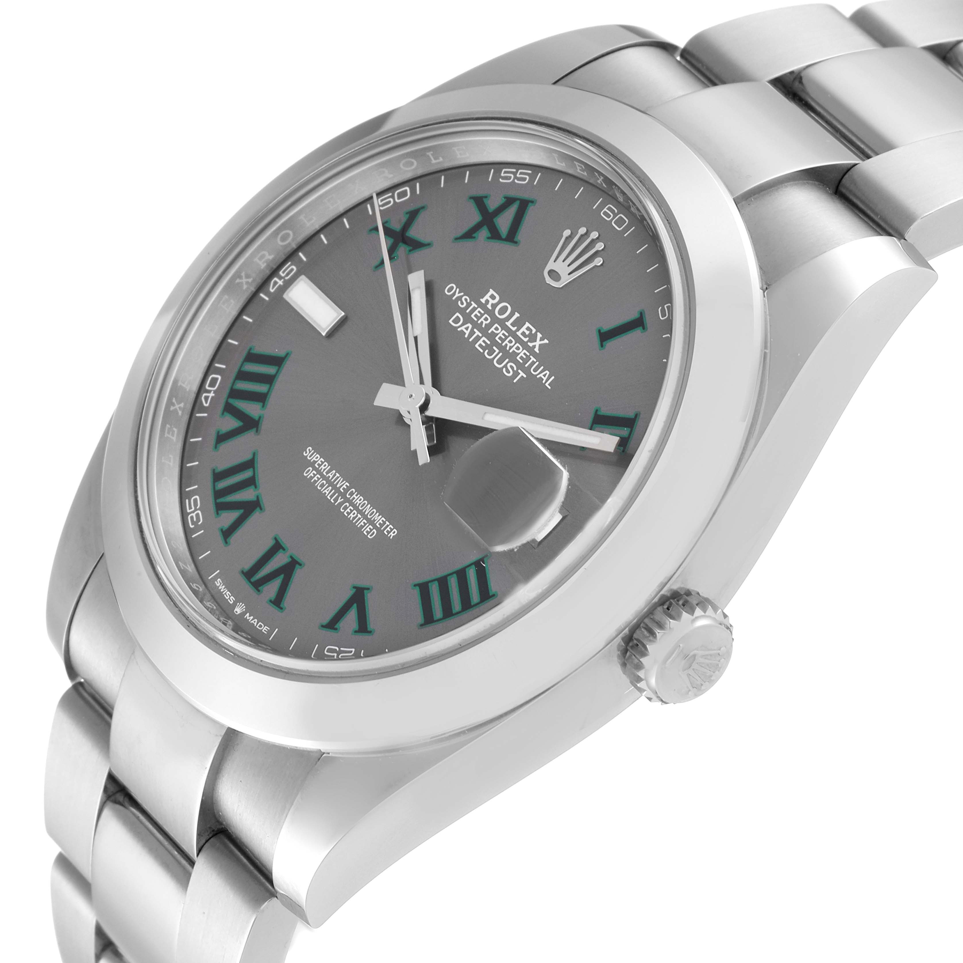 The image shows a side angle of the Rolex Datejust 41 126300 Men
s Stainless Steel Grey Dial 126300 Men
s Stainless Steel Grey Dial, highlighting the dial, bezel, bracelet, and crown.