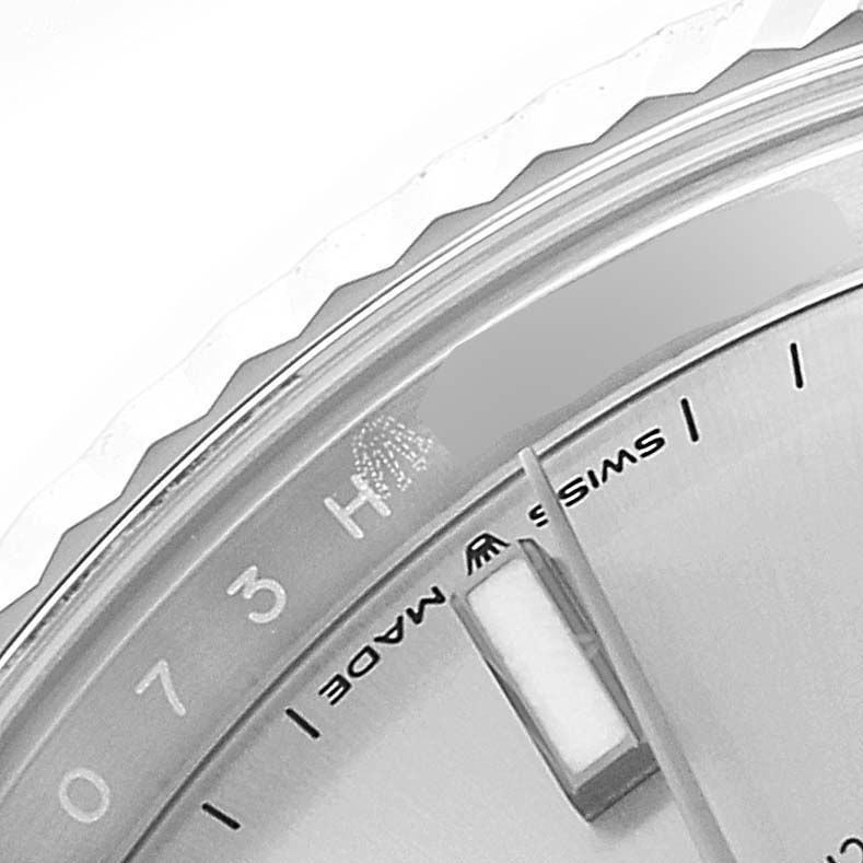 The image shows a close-up of the dial edge and fluted bezel of a Rolex Datejust 41 126334 Men's Stainless Steel Silver Dial 126334 Men's Stainless Steel Silver Dial watch.