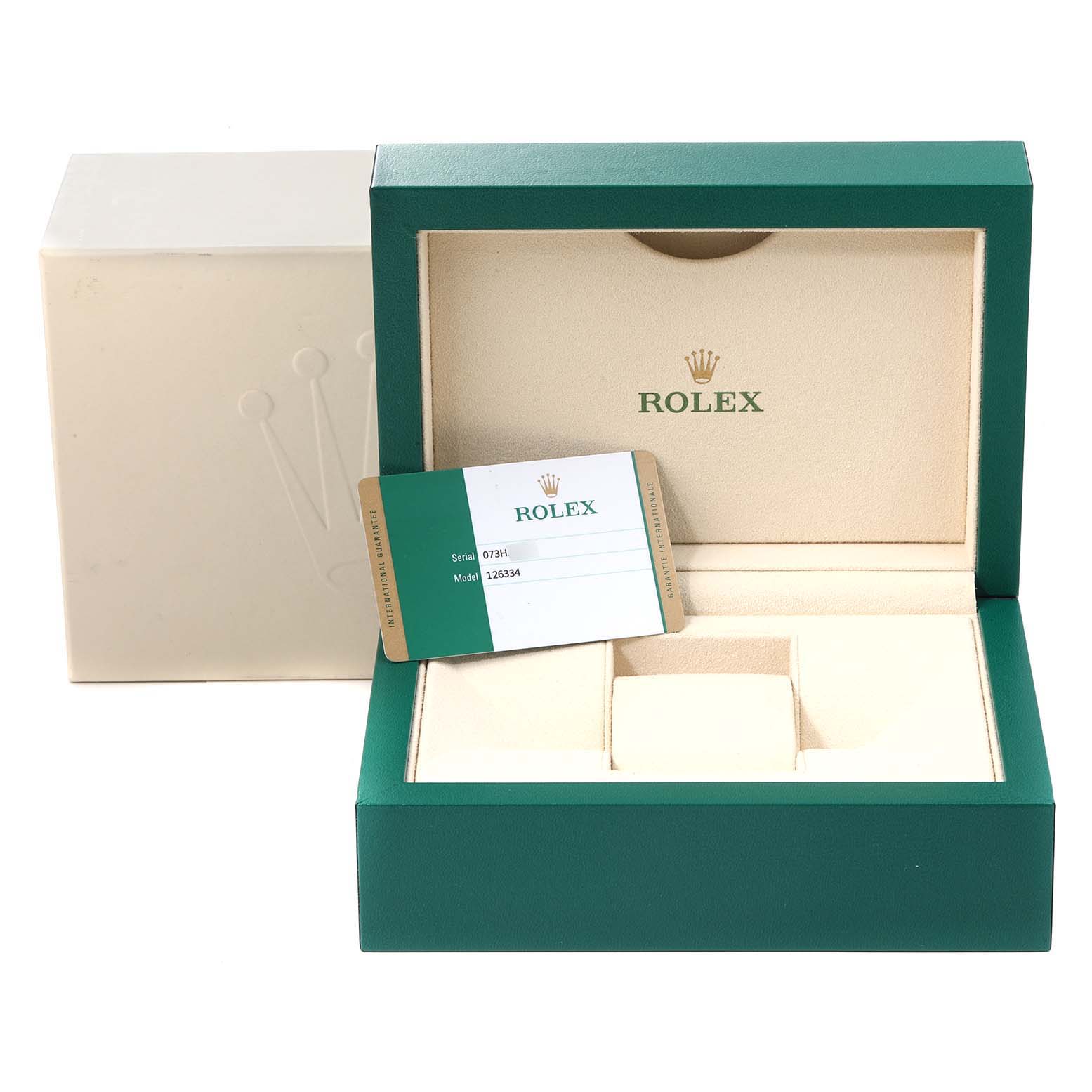 The image shows an open Rolex Datejust 41 126334 Men's Stainless Steel Silver Dial 126334 Men's Stainless Steel Silver Dial watch box with an authenticity card and a protective outer box.