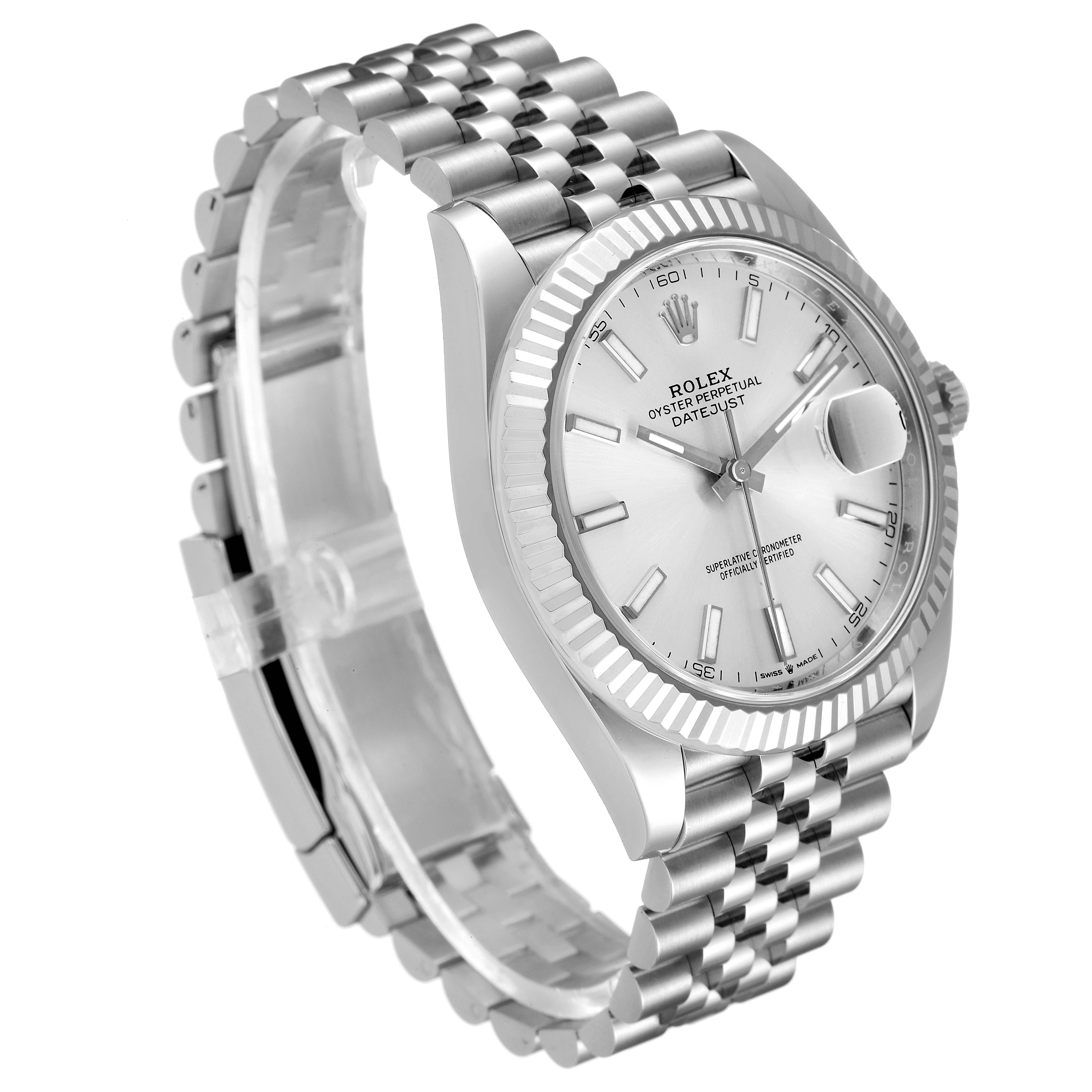 The Rolex Datejust 41 126334 Men's Stainless Steel Silver Dial 126334 Men's Stainless Steel Silver Dial watch is shown at a three-quarter angle, highlighting its bezel, dial, and bracelet.