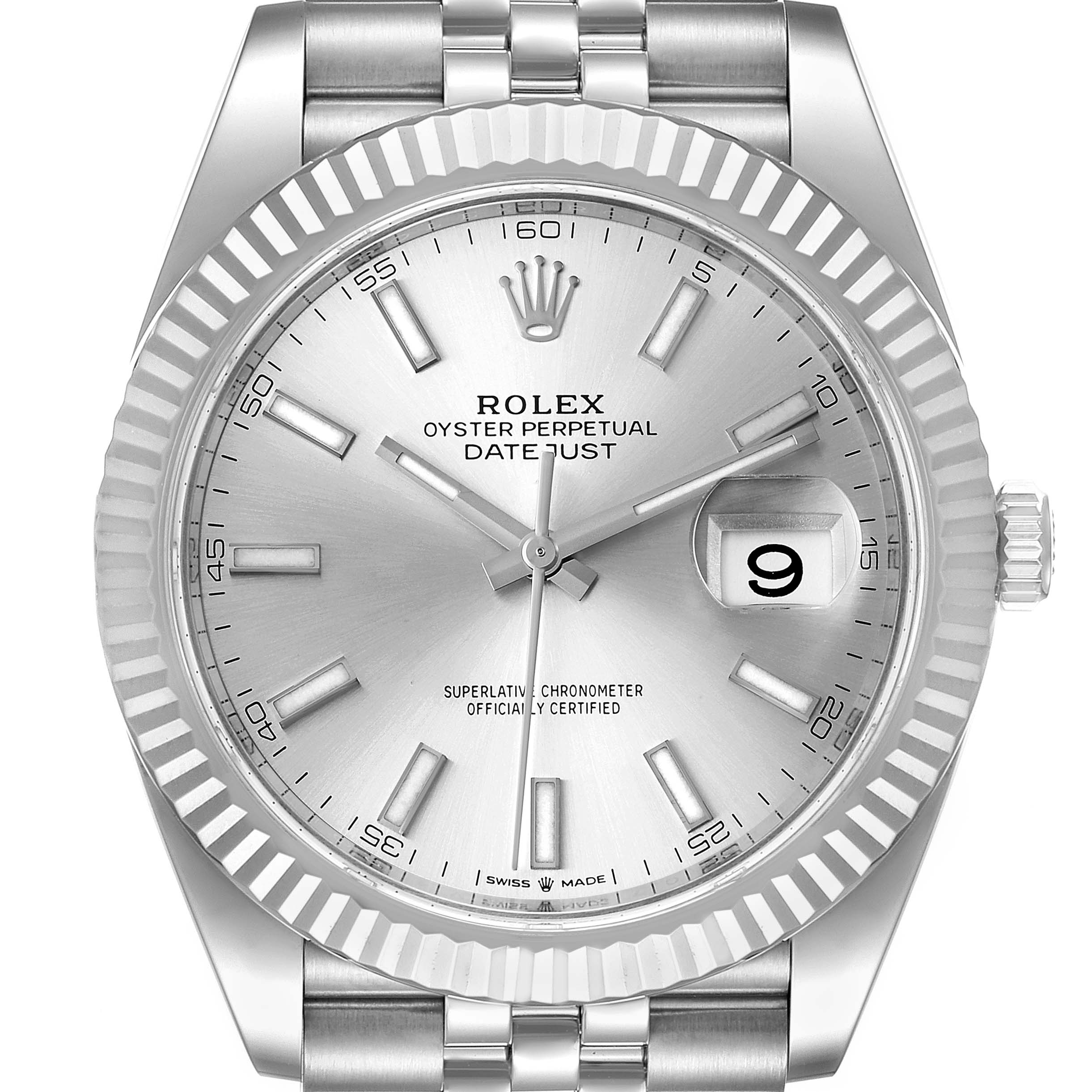 This image shows a front view of a Rolex Datejust 41 126334 Men's Stainless Steel Silver Dial 126334 Men's Stainless Steel Silver Dial model watch, highlighting the dial, bezel, and part of the bracelet.