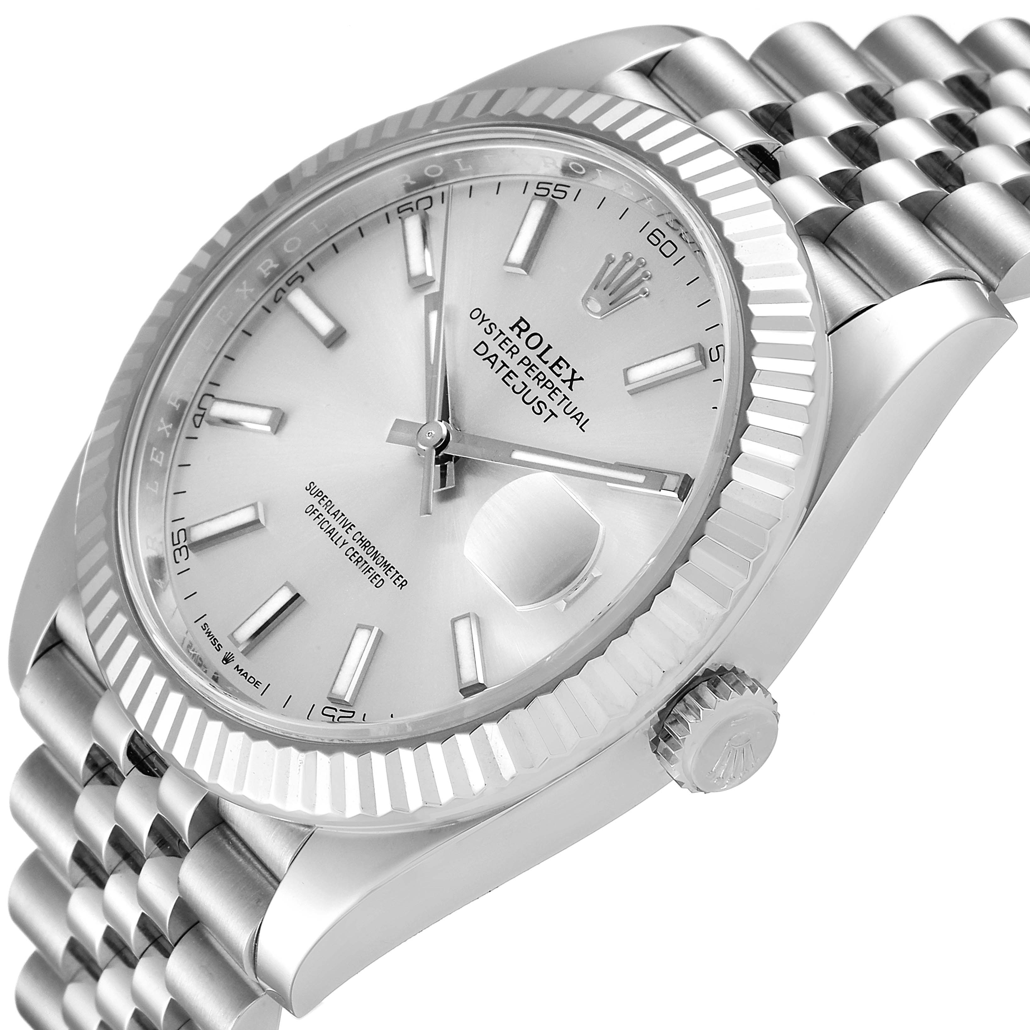 The image shows a close-up side angle of the Rolex Datejust 41 126334 Men's Stainless Steel Silver Dial 126334 Men's Stainless Steel Silver Dial model, highlighting the dial, bezel, crown, and part of the bracelet.