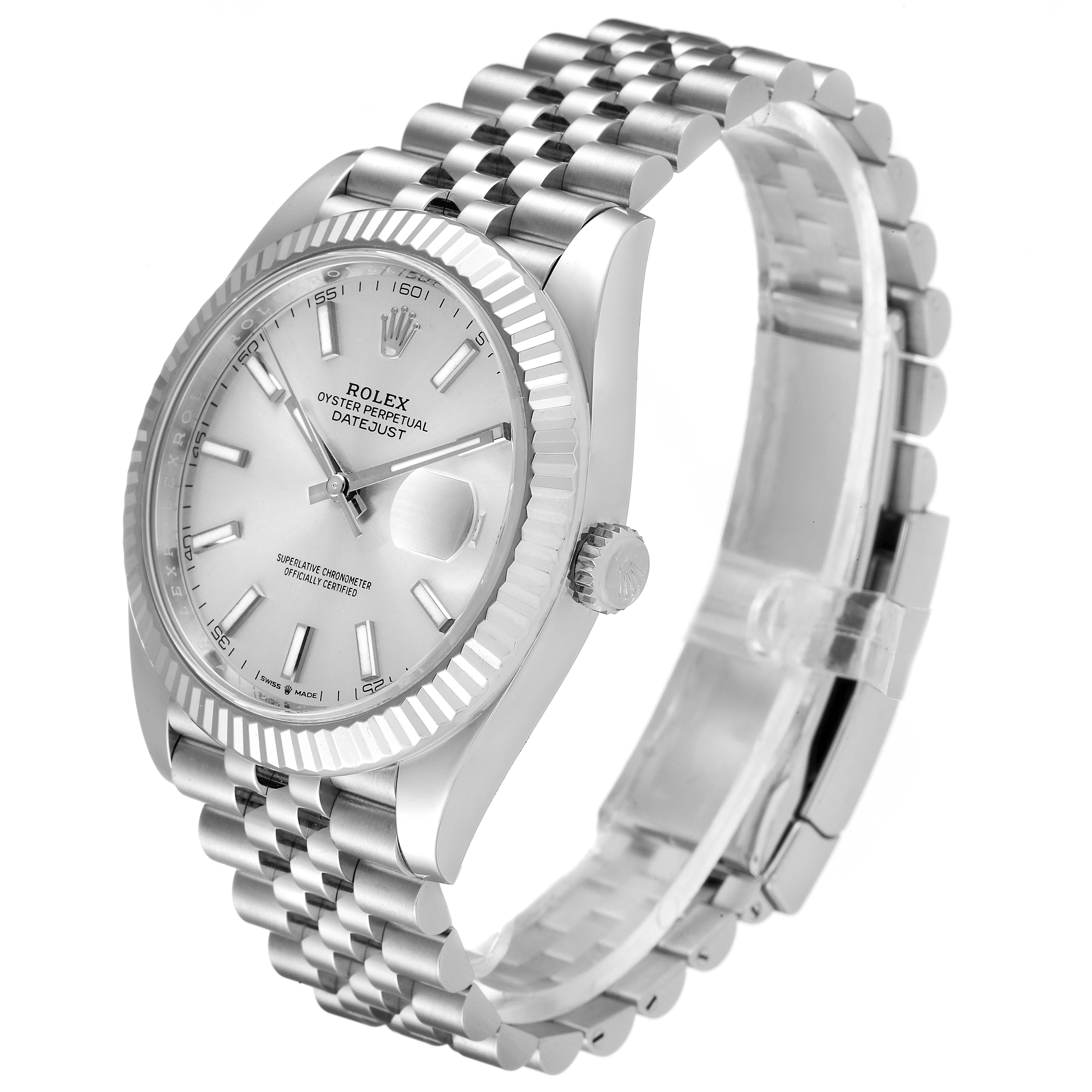The image shows a Rolex Datejust 41 126334 Men's Stainless Steel Silver Dial 126334 Men's Stainless Steel Silver Dial model from a front angle, highlighting its face, bezel, crown, and bracelet.
