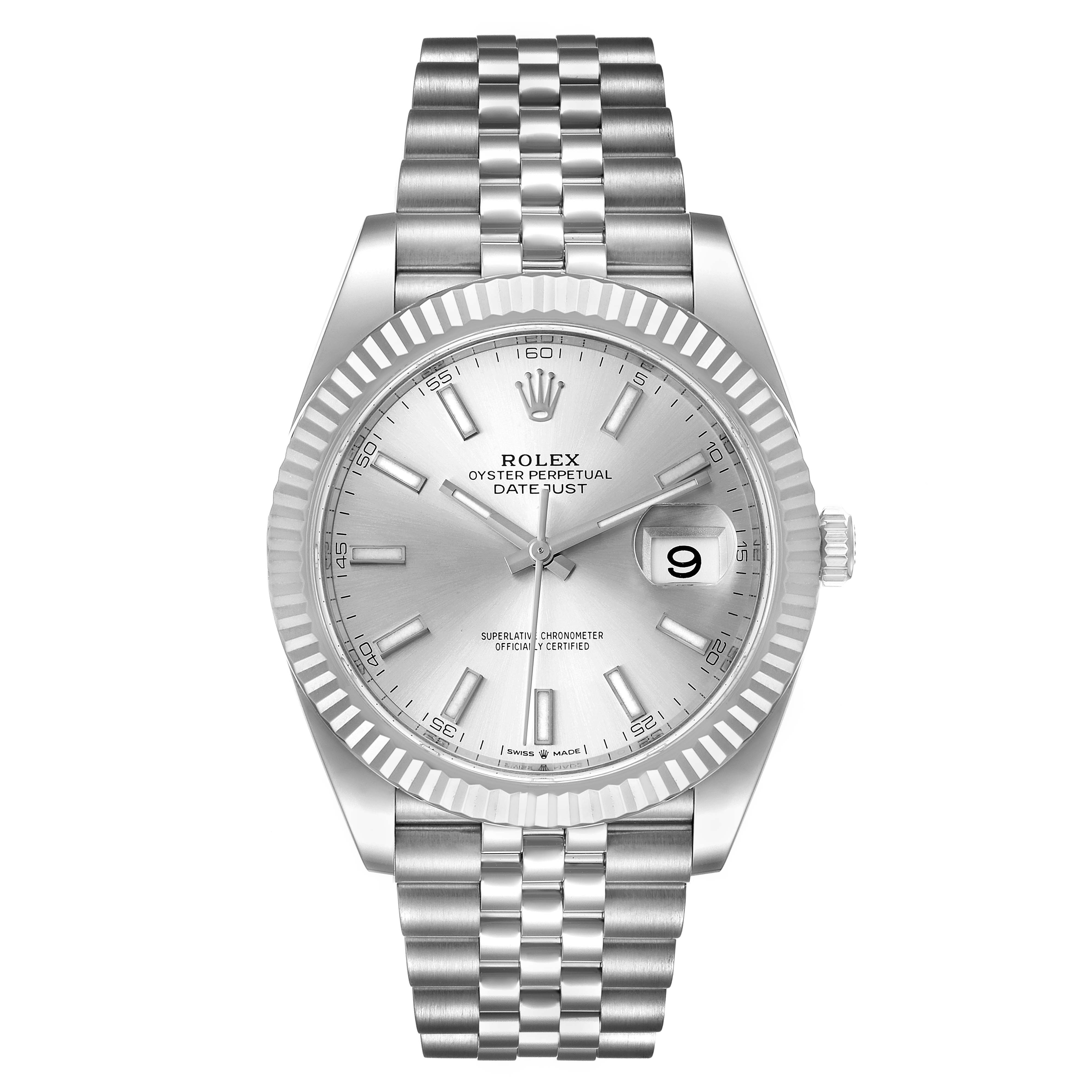 The image shows a frontal view of a Rolex Datejust 41 126334 Men's Stainless Steel Silver Dial 126334 Men's Stainless Steel Silver Dial watch, highlighting the dial, bezel, and bracelet.