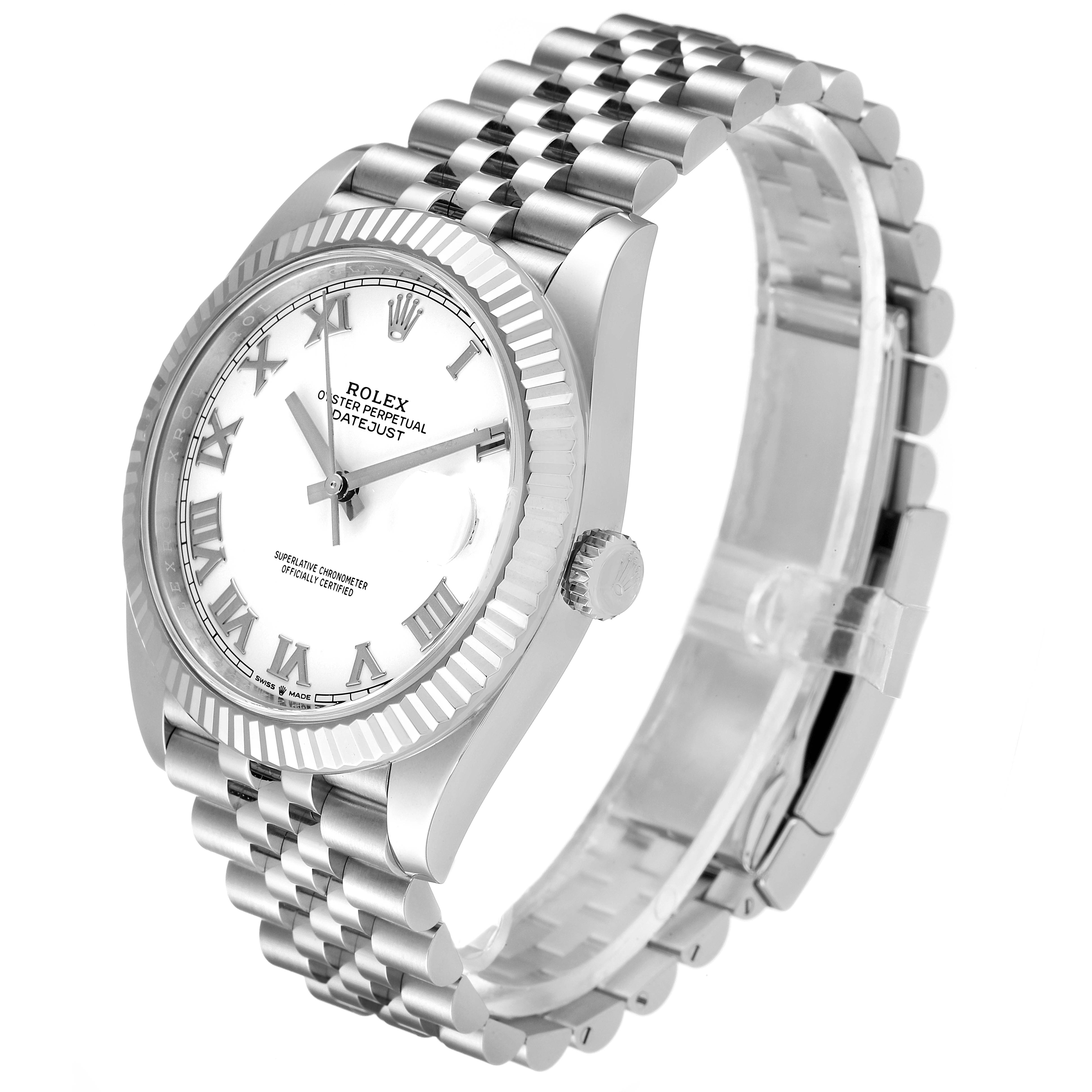 This image shows a Rolex Datejust 41 126334 Men
s Stainless Steel White Dial 126334 Men
s Stainless Steel White Dial watch from a three-quarter angle, highlighting the dial, bezel, crown, and bracelet.