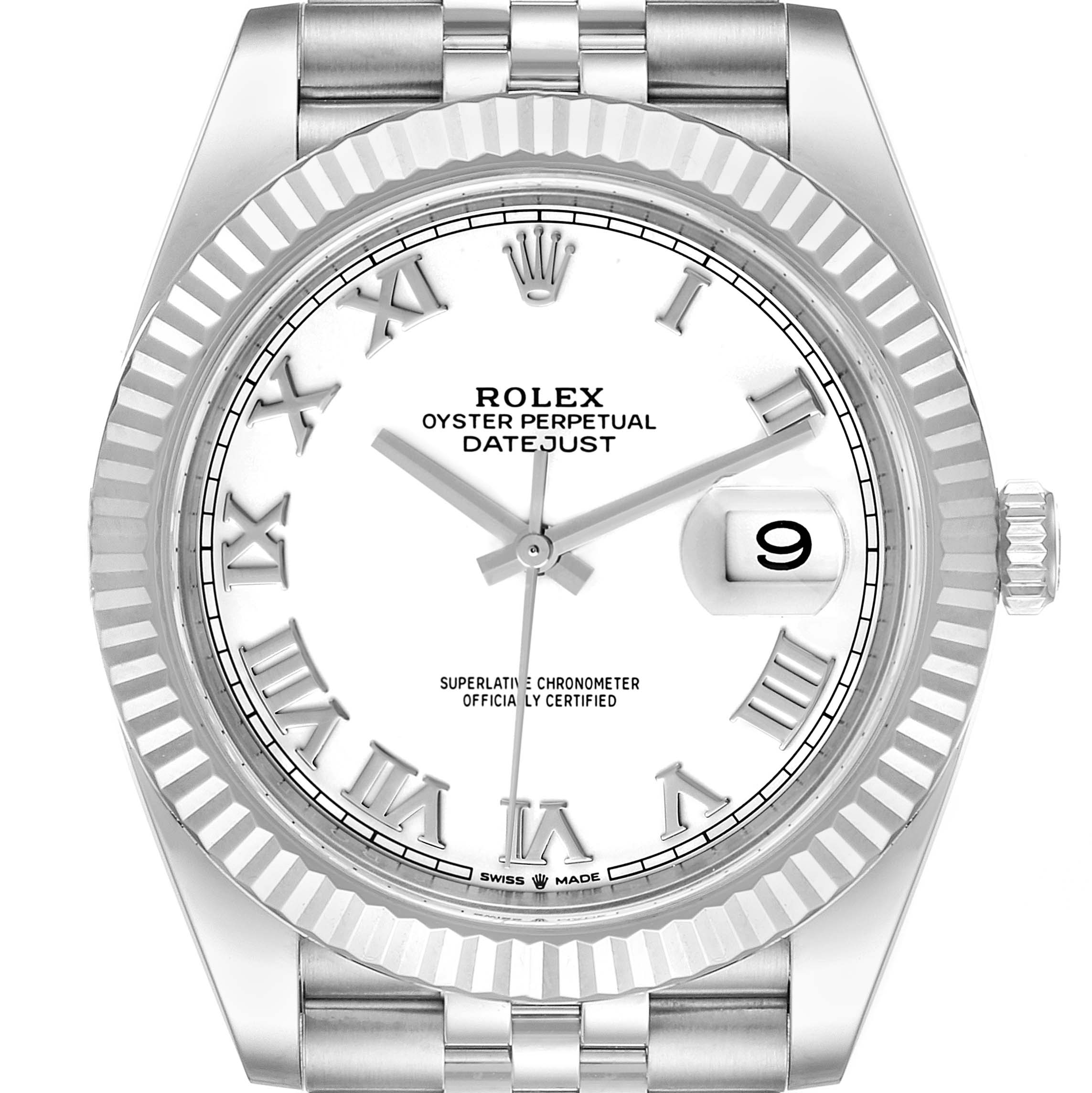 The image shows the front view of a Rolex Datejust 41 126334 Men
s Stainless Steel White Dial 126334 Men
s Stainless Steel White Dial watch, highlighting its dial, Roman numerals, fluted bezel, and Jubilee bracelet.
