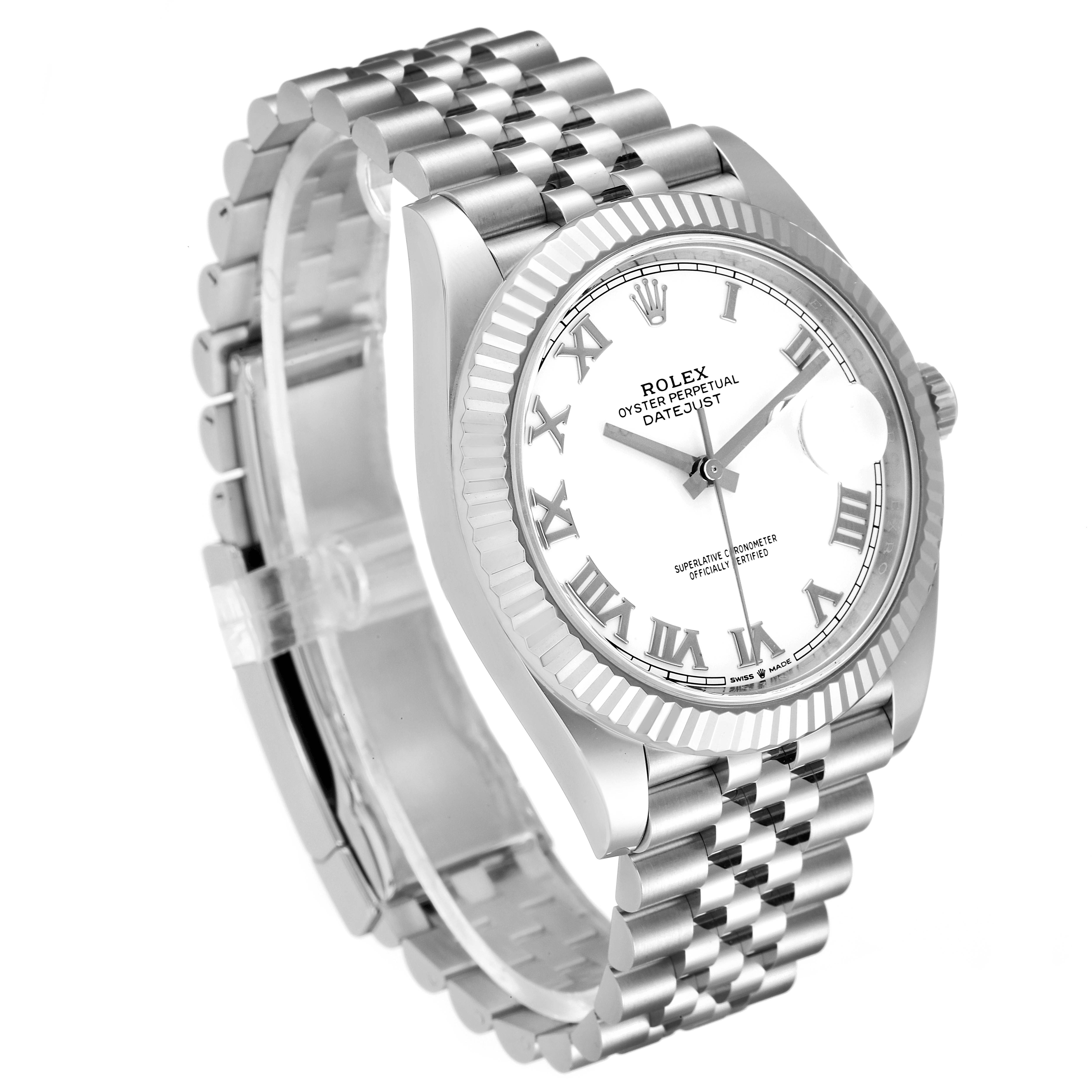 The Rolex Datejust 41 126334 Men
s Stainless Steel White Dial 126334 Men
s Stainless Steel White Dial watch is shown at a slight angle, displaying the face, bezel, and part of the metal bracelet.
