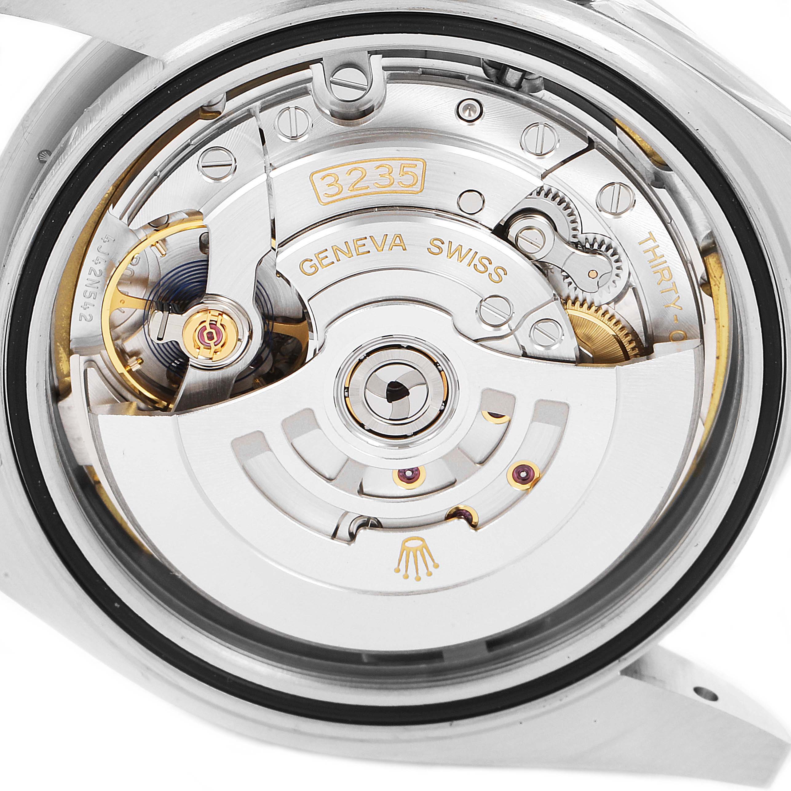 The image shows the movement mechanism of a Rolex Datejust 41 126334 Men
s Stainless Steel White Dial 126334 Men
s Stainless Steel White Dial watch, viewed from the back.