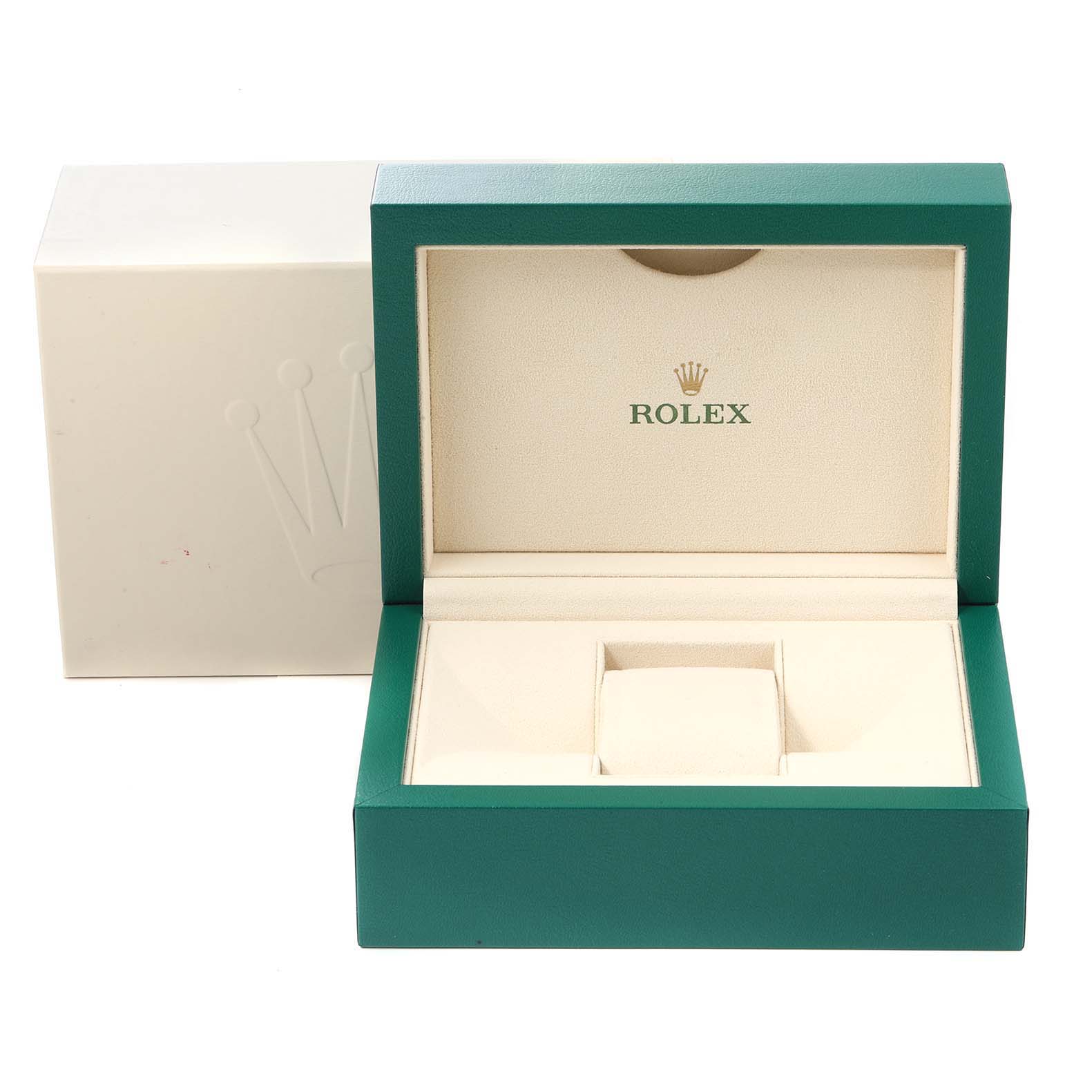 This image shows an empty Rolex Datejust 41 126334 Men
s Stainless Steel White Dial 126334 Men
s Stainless Steel White Dial green watch box with an inner beige lining and an outer white box.