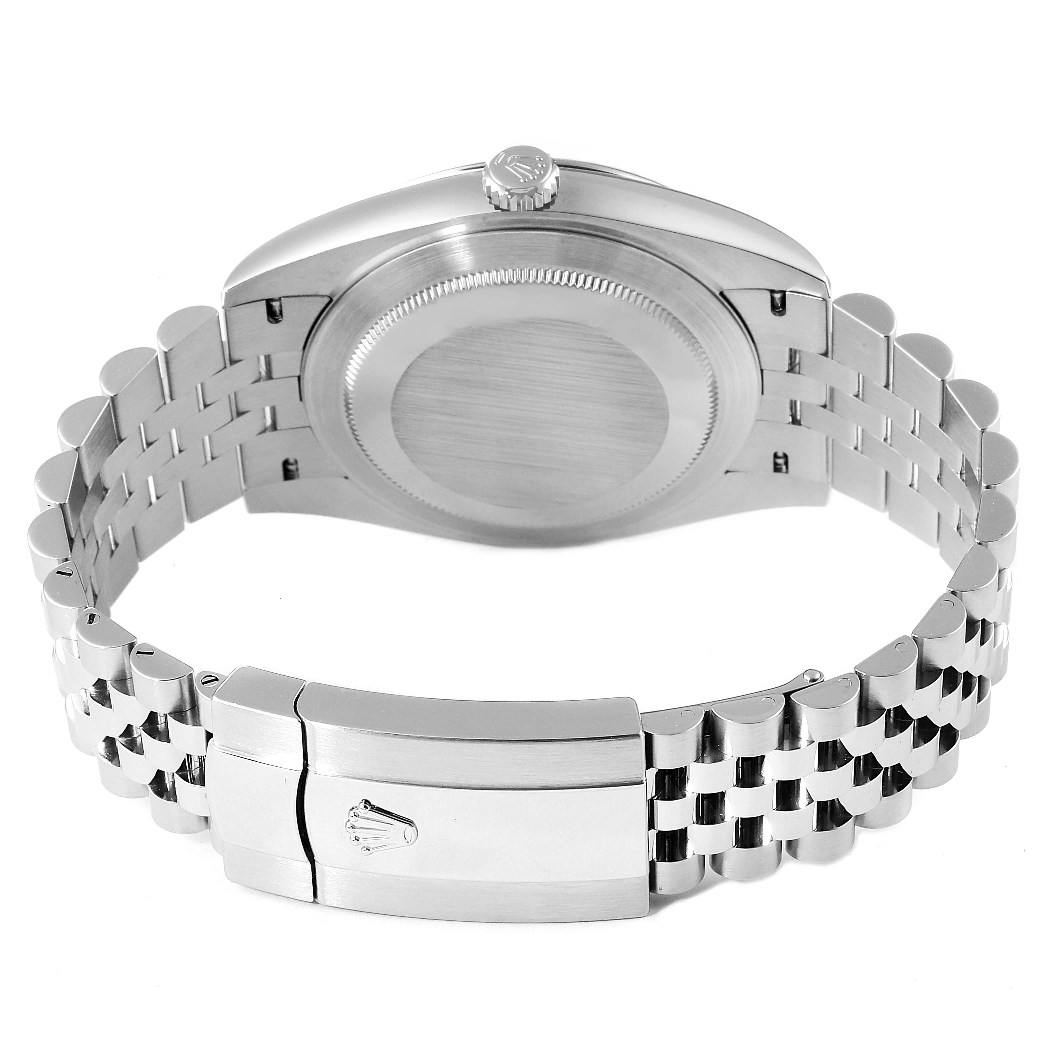 This image shows the back view of the Rolex Datejust 41 126334 Men
s Stainless Steel White Dial 126334 Men
s Stainless Steel White Dial watch featuring its case back and Jubilee bracelet with clasp.