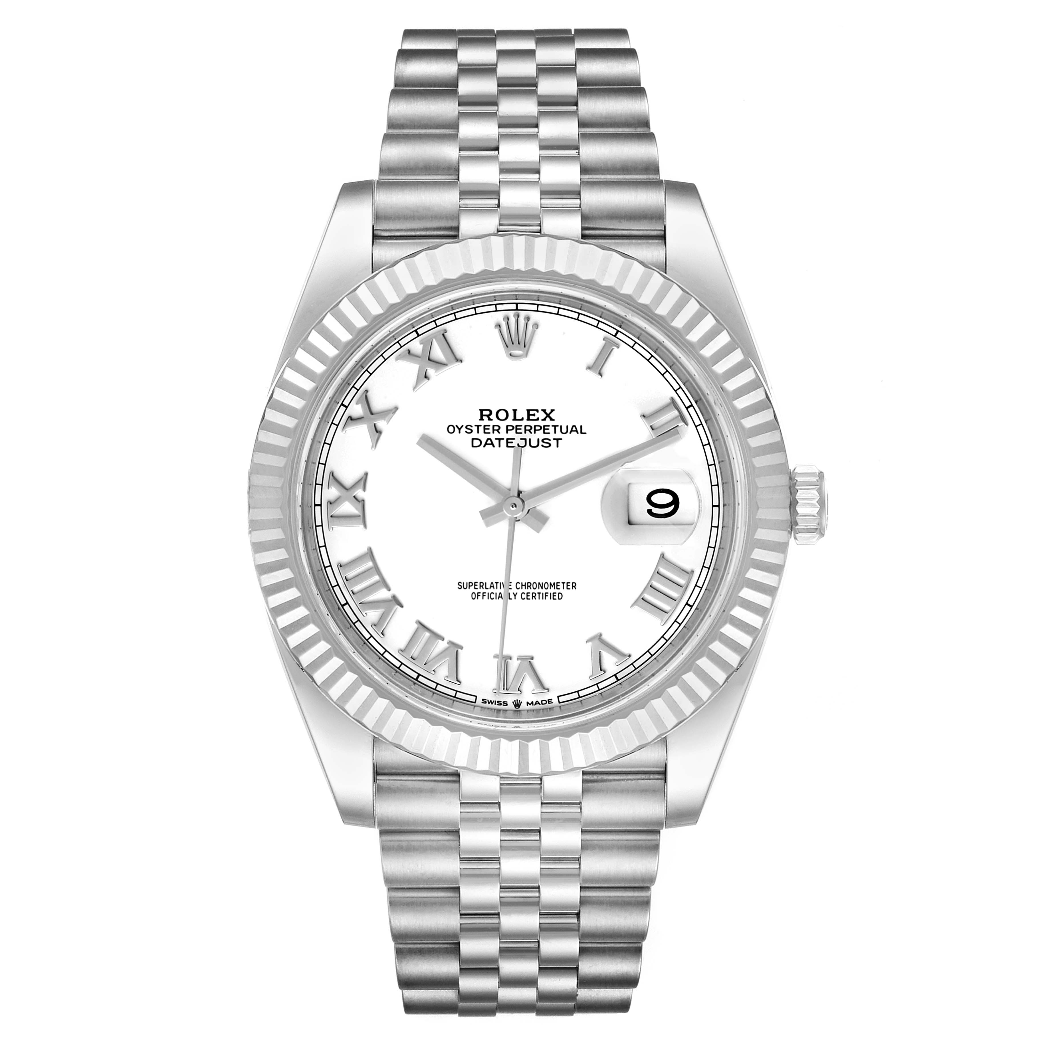 This image shows a front view of the Rolex Datejust 41 126334 Men
s Stainless Steel White Dial 126334 Men
s Stainless Steel White Dial, highlighting the dial, bezel, and bracelet.