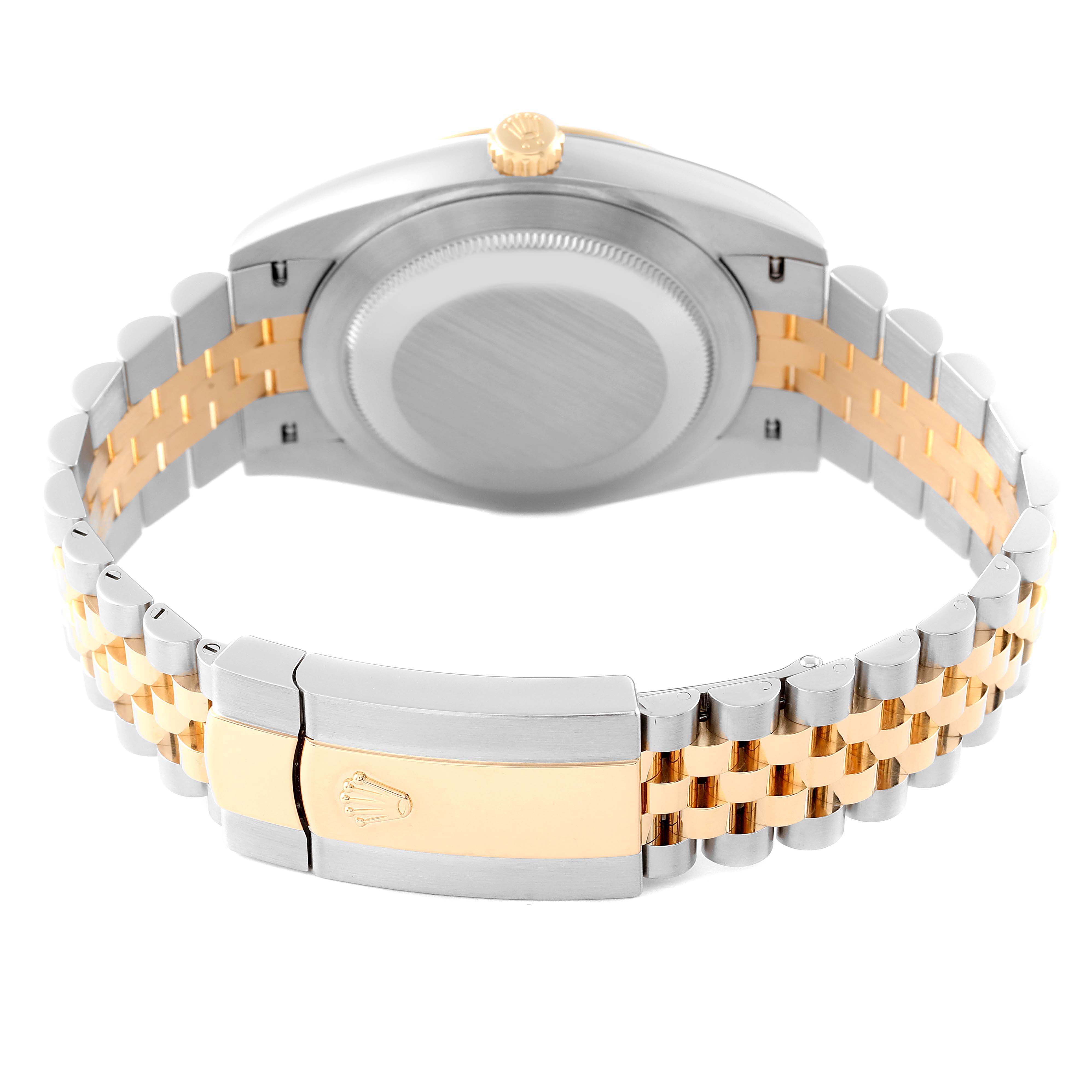 The image shows the back view of a Rolex Datejust 41 126333 Men's Steel and Gold (two tone) White Dial 126333 Men's Steel and Gold (two tone) White Dial watch, highlighting its caseback and two-tone jubilee bracelet with a clasp.
