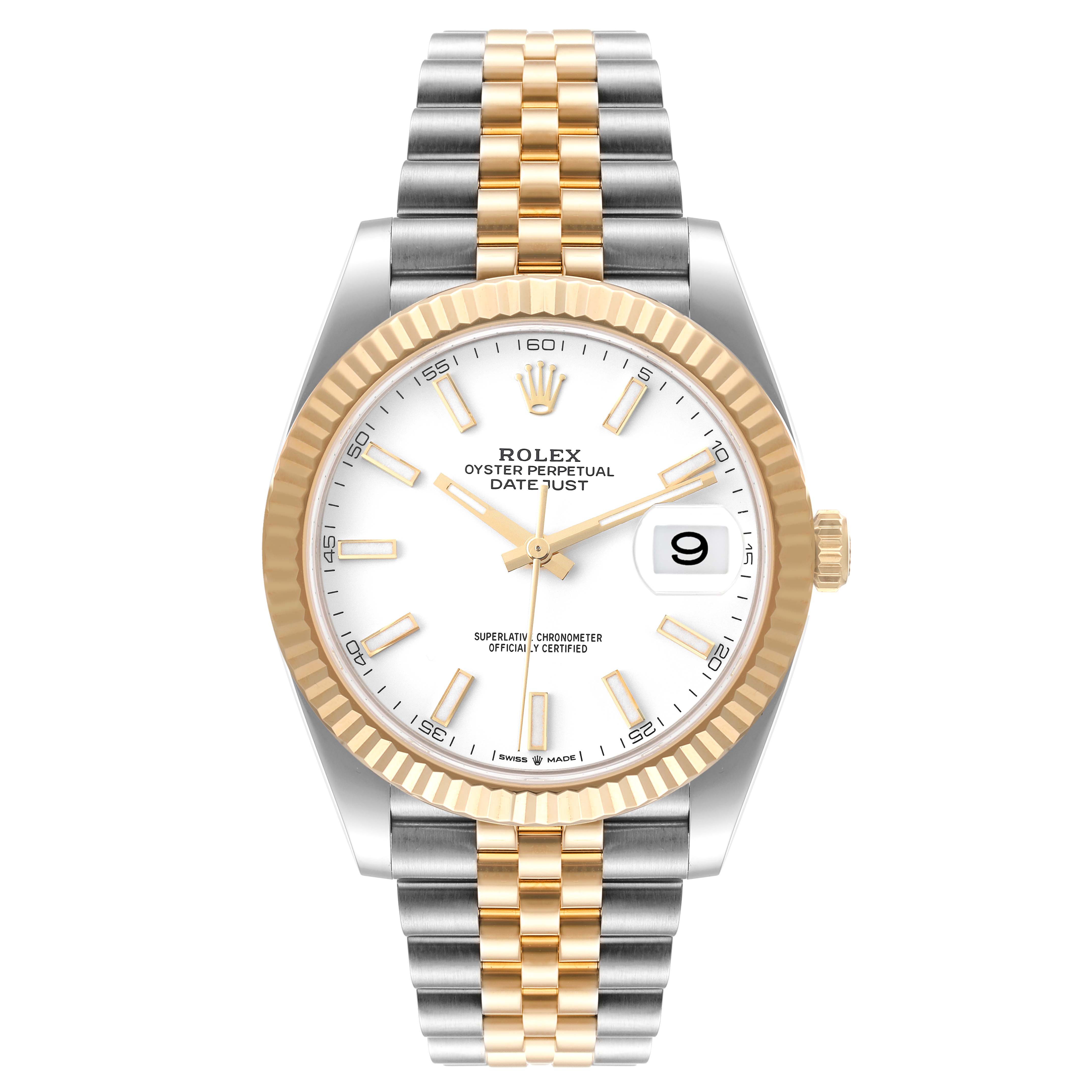 The image shows a front view of the Rolex Datejust 41 126333 Men's Steel and Gold (two tone) White Dial 126333 Men's Steel and Gold (two tone) White Dial watch with a gold and silver Jubilee bracelet and a white dial.