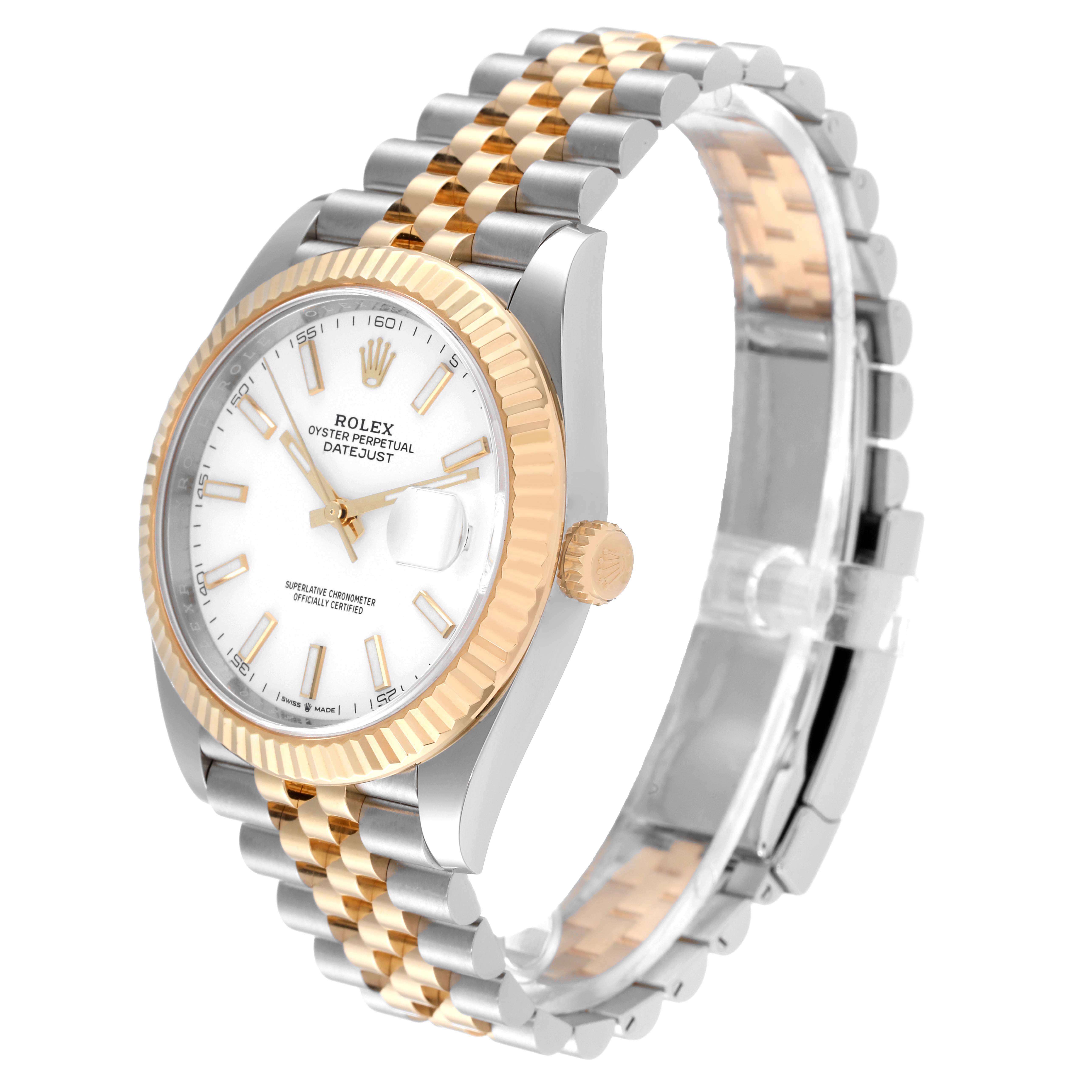 The Rolex Datejust 41 126333 Men's Steel and Gold (two tone) White Dial 126333 Men's Steel and Gold (two tone) White Dial is shown at a three-quarter angle, highlighting its white dial, gold fluted bezel, and two-tone bracelet.