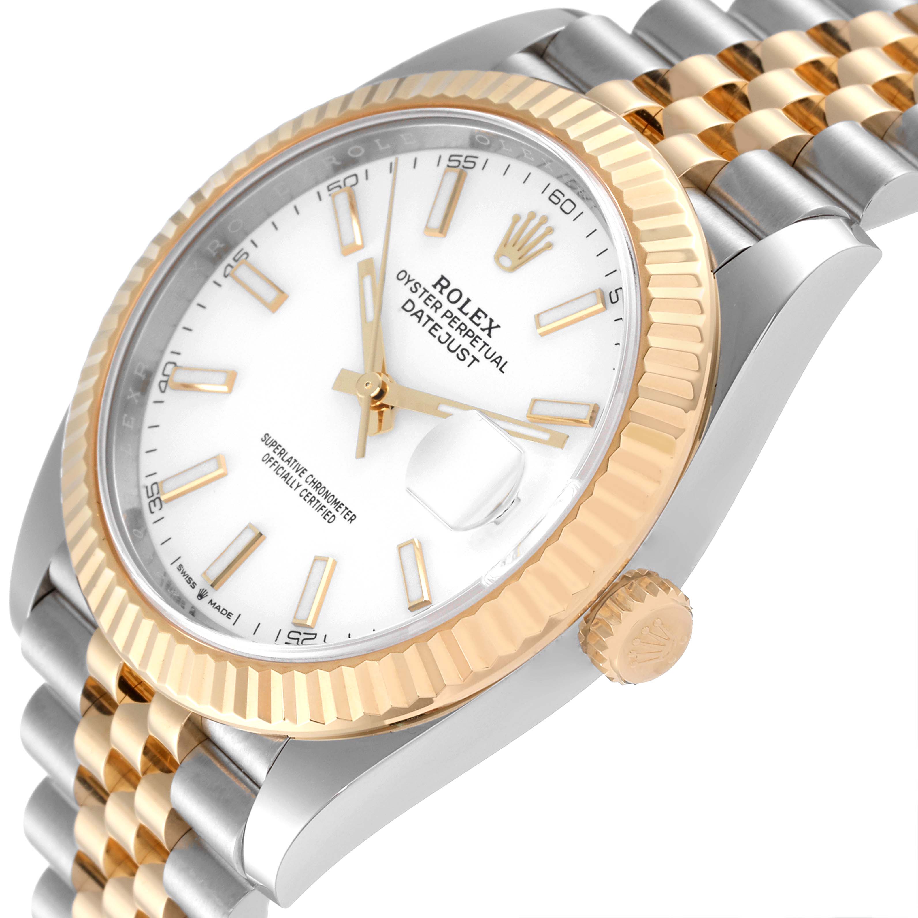 The image shows a side angle of the Rolex Datejust 41 126333 Men's Steel and Gold (two tone) White Dial 126333 Men's Steel and Gold (two tone) White Dial, focusing on the dial, fluted bezel, crown, and part of the Jubilee bracelet.