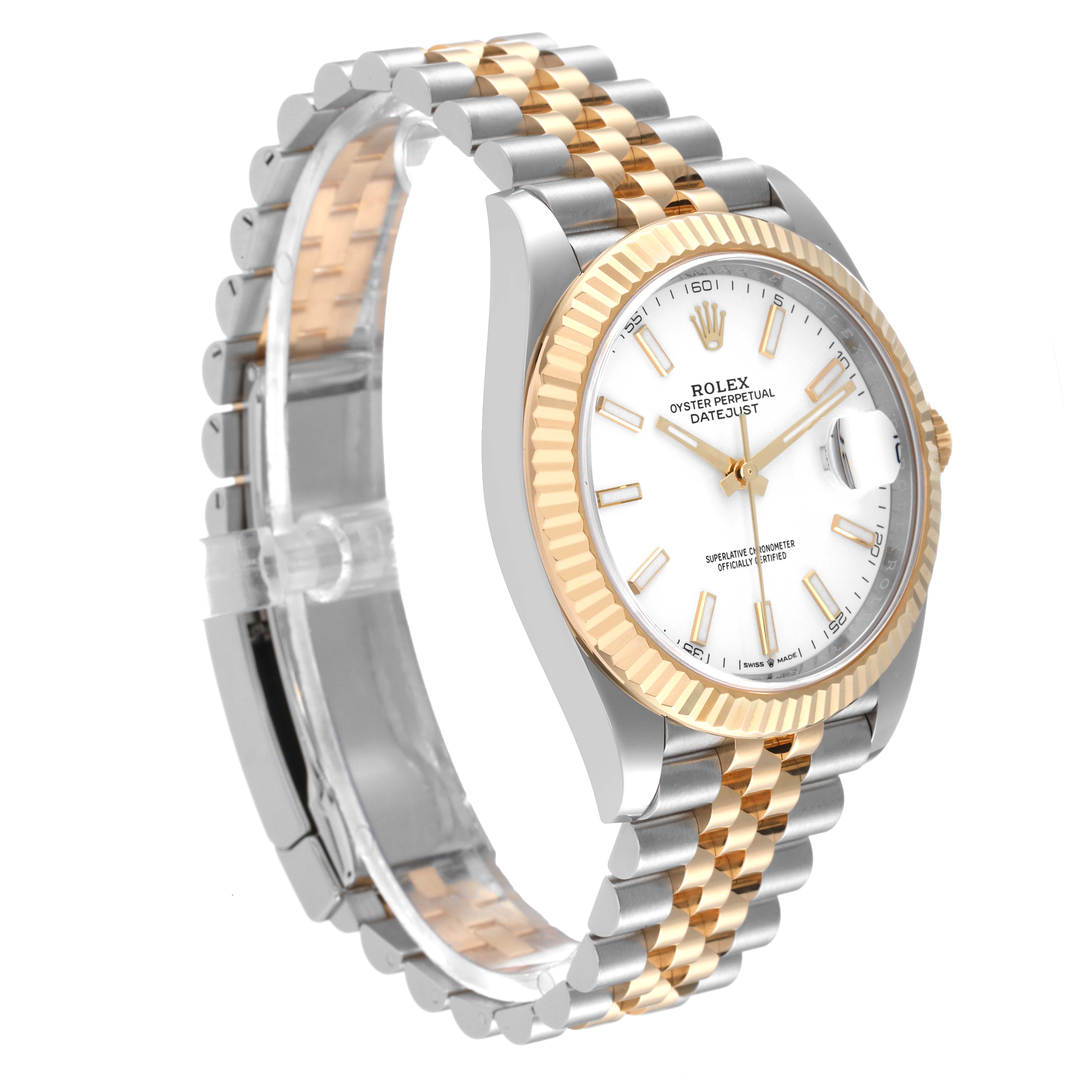 The Rolex Datejust 41 126333 Men's Steel and Gold (two tone) White Dial 126333 Men's Steel and Gold (two tone) White Dial watch is shown at a slight angle, highlighting the face, bezel, and bracelet.