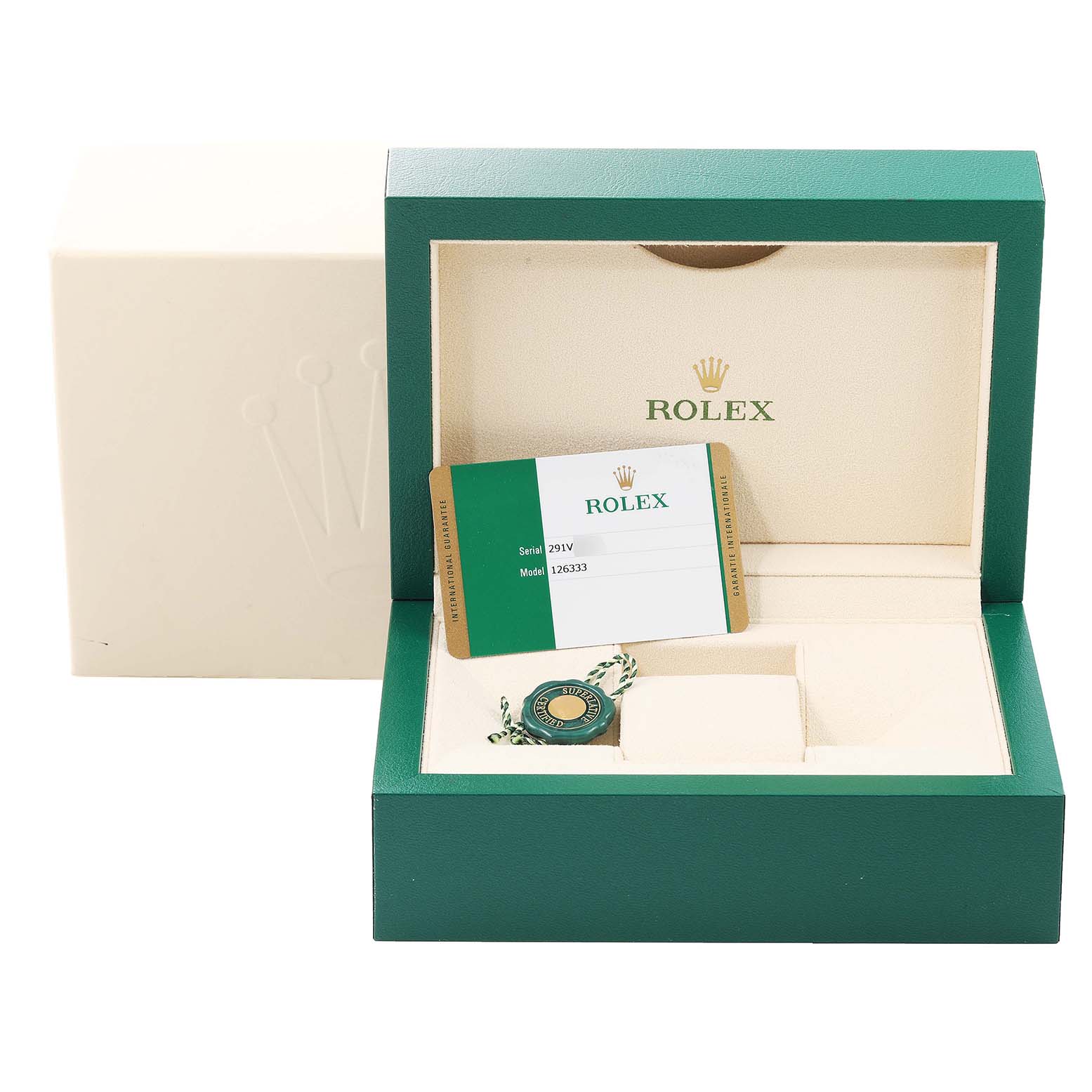 The image shows the open box and authenticity card for a Rolex Datejust 41 126333 Men's Steel and Gold (two tone) White Dial 126333 Men's Steel and Gold (two tone) White Dial model along with its tag.