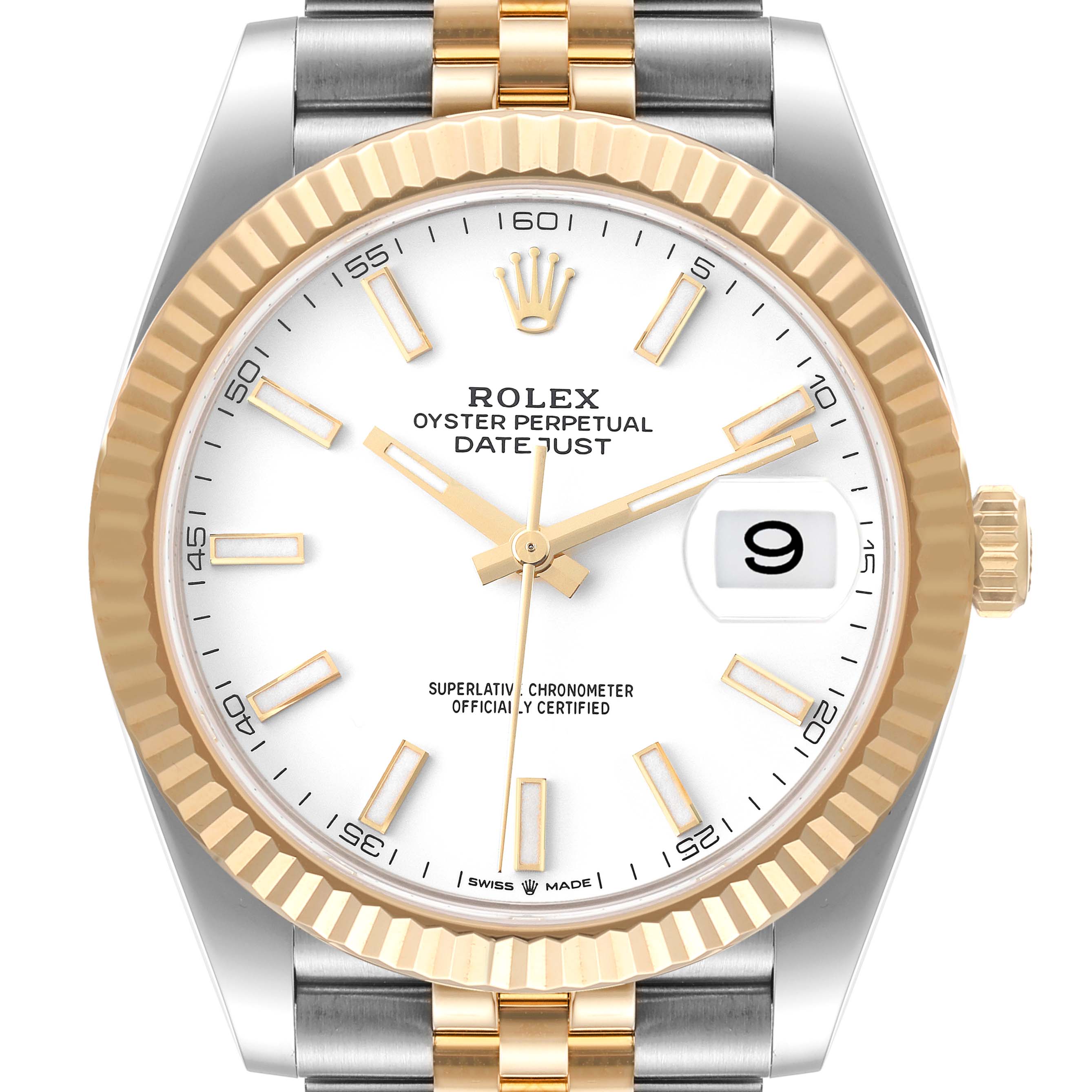 This is a front view of the Rolex Datejust 41 126333 Men's Steel and Gold (two tone) White Dial 126333 Men's Steel and Gold (two tone) White Dial, showing the dial, bezel, and part of the bracelet.