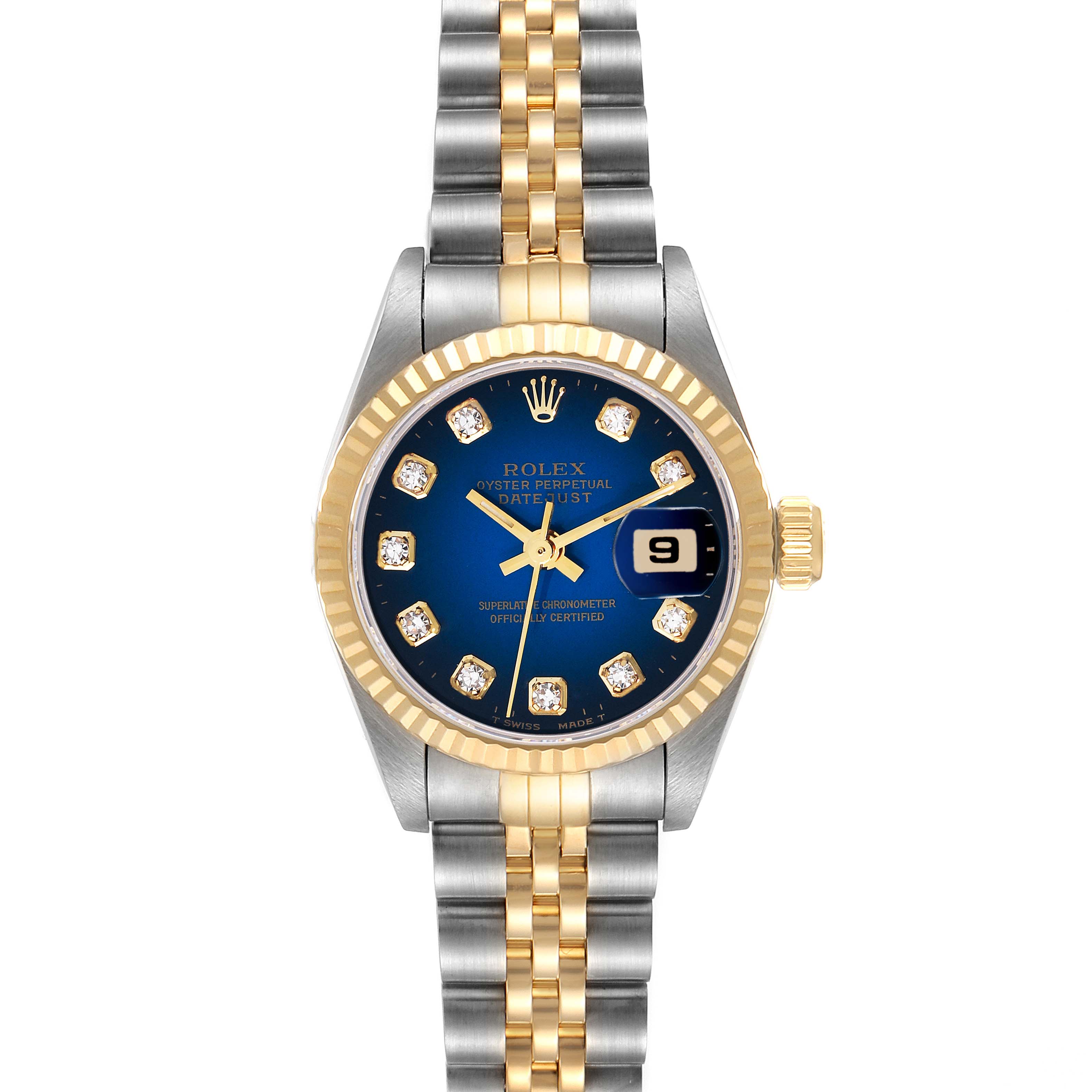 This image shows a front view of a Rolex Datejust 69173 Women's Stainless Steel Blue Dial 69173 Women's Stainless Steel Blue Dial watch with a jubilee bracelet, blue dial, diamond hour markers, and date window.