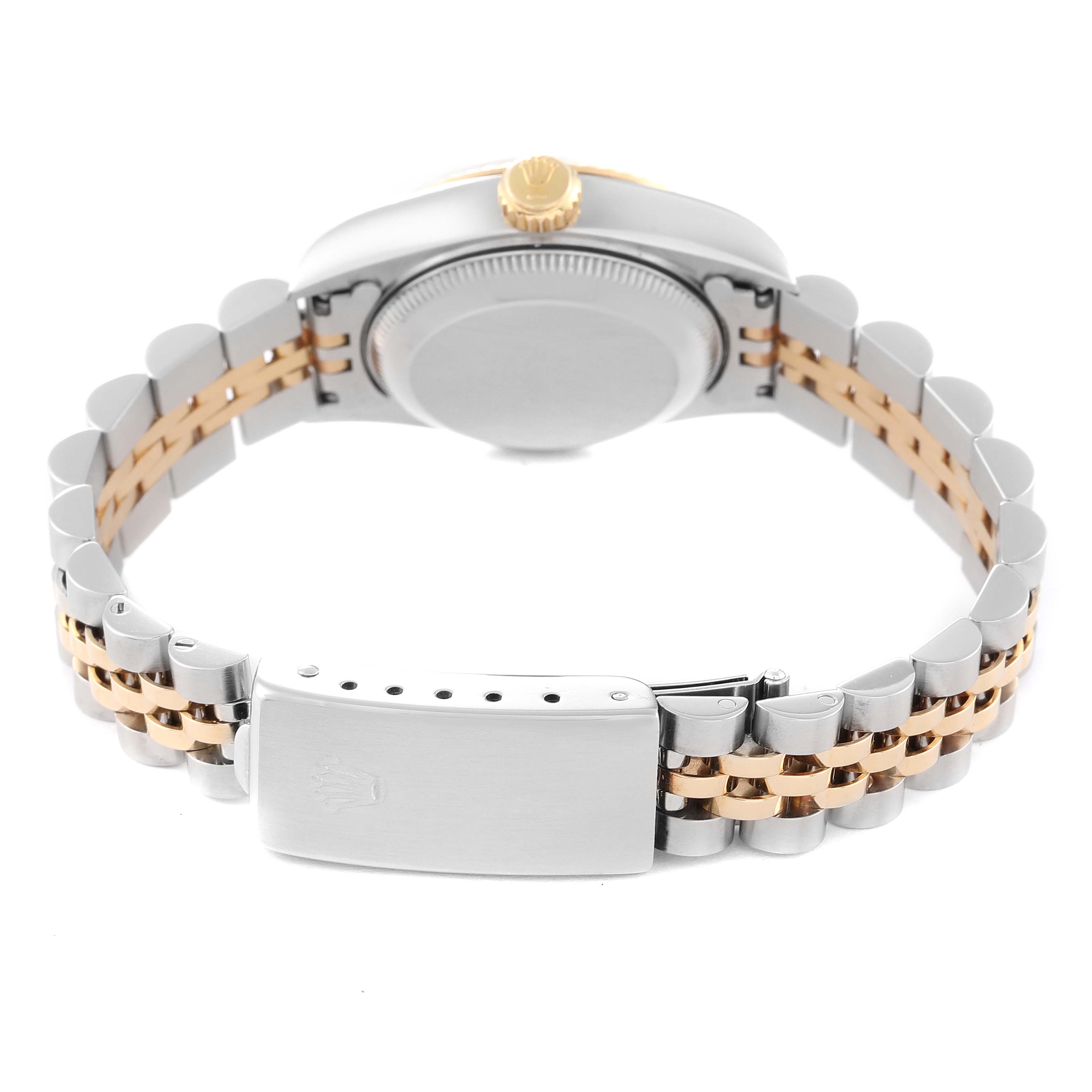 The image shows the back view of a Rolex Datejust 69173 Women's Stainless Steel Blue Dial 69173 Women's Stainless Steel Blue Dial model, highlighting the clasp and bracelet.