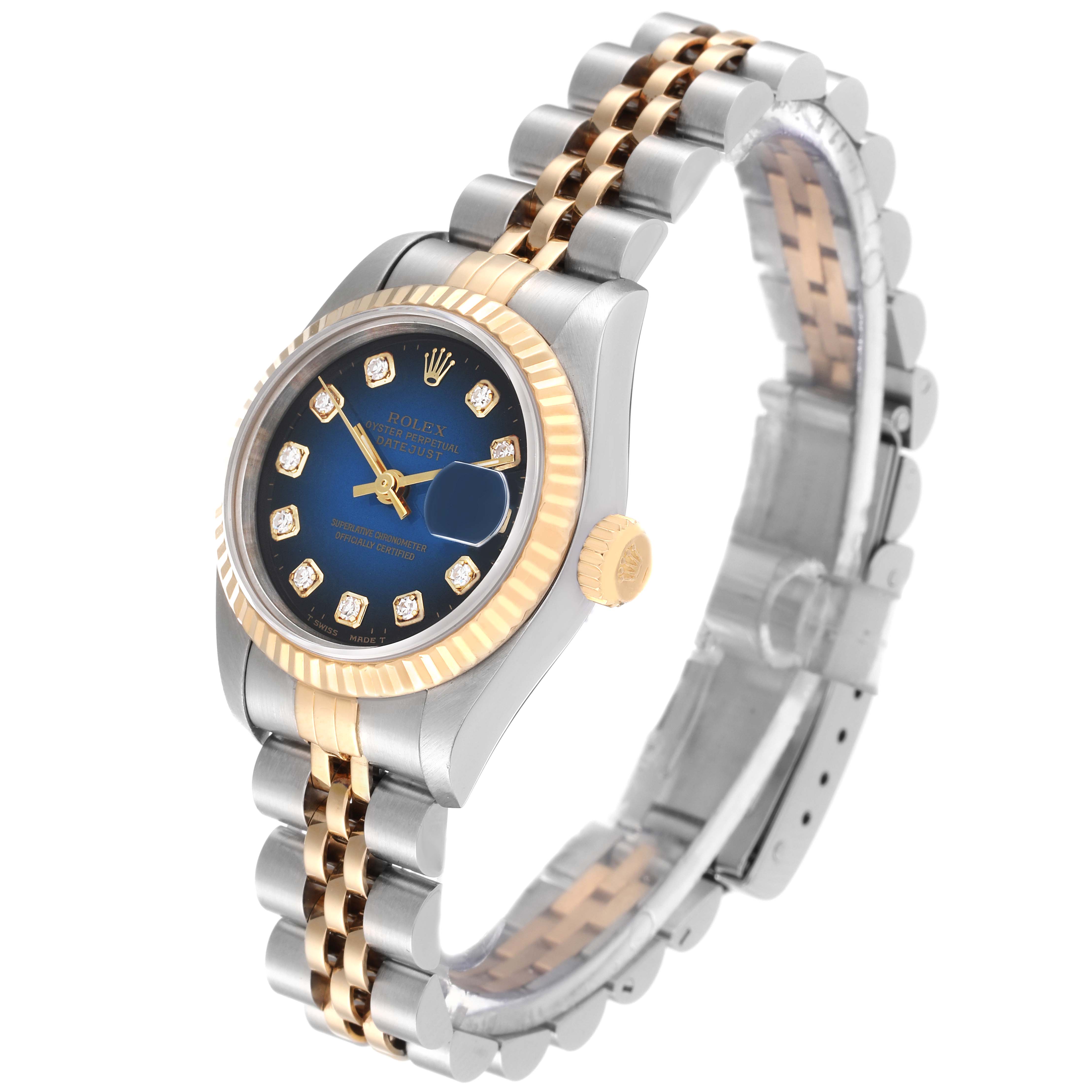 This image shows a Rolex Datejust 69173 Women's Stainless Steel Blue Dial 69173 Women's Stainless Steel Blue Dial watch angled slightly from the side, highlighting its two-tone bracelet, blue dial, and fluted bezel.