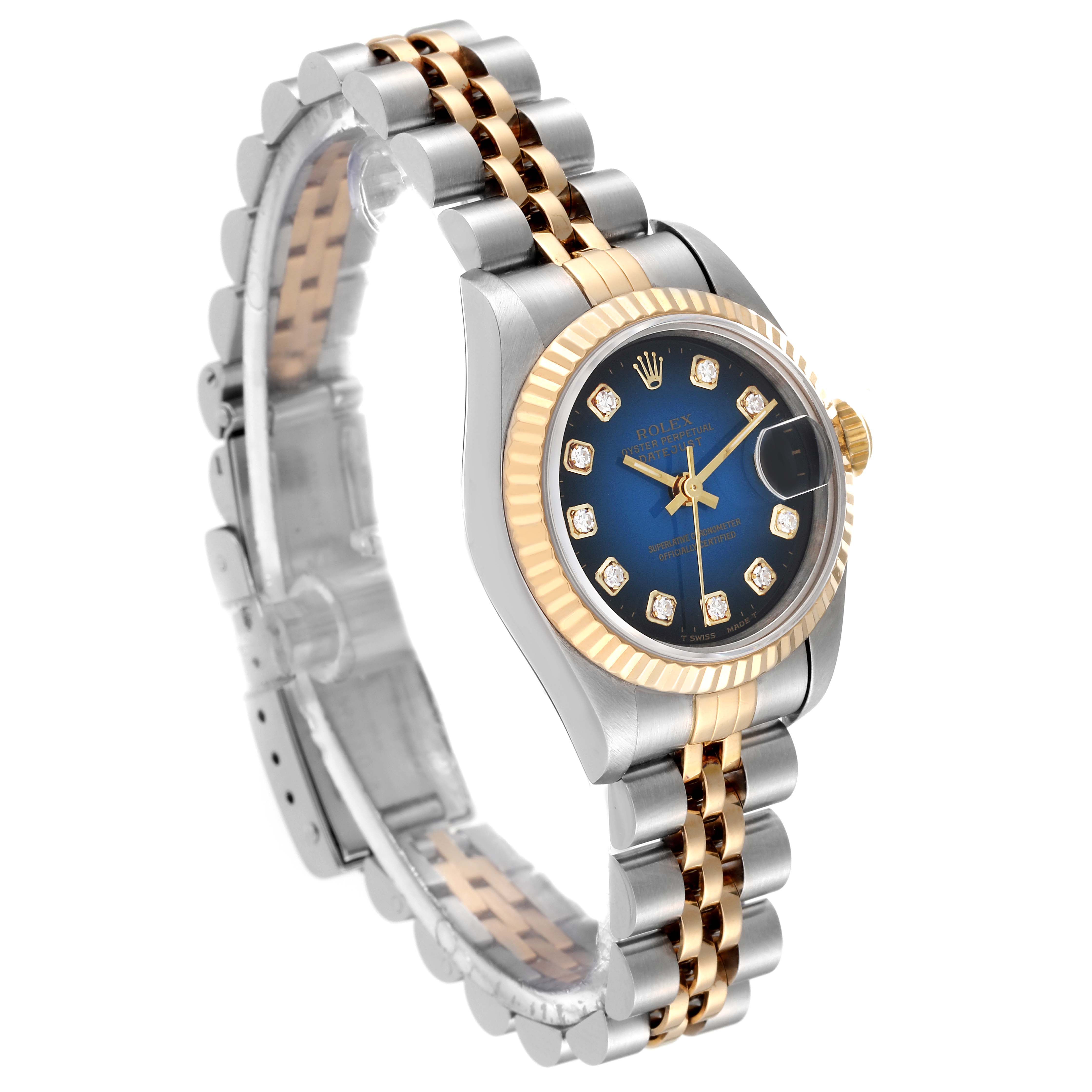 This image shows a Rolex Datejust 69173 Women's Stainless Steel Blue Dial 69173 Women's Stainless Steel Blue Dial watch at a three-quarter angle, highlighting the dial, bezel, and bracelet.