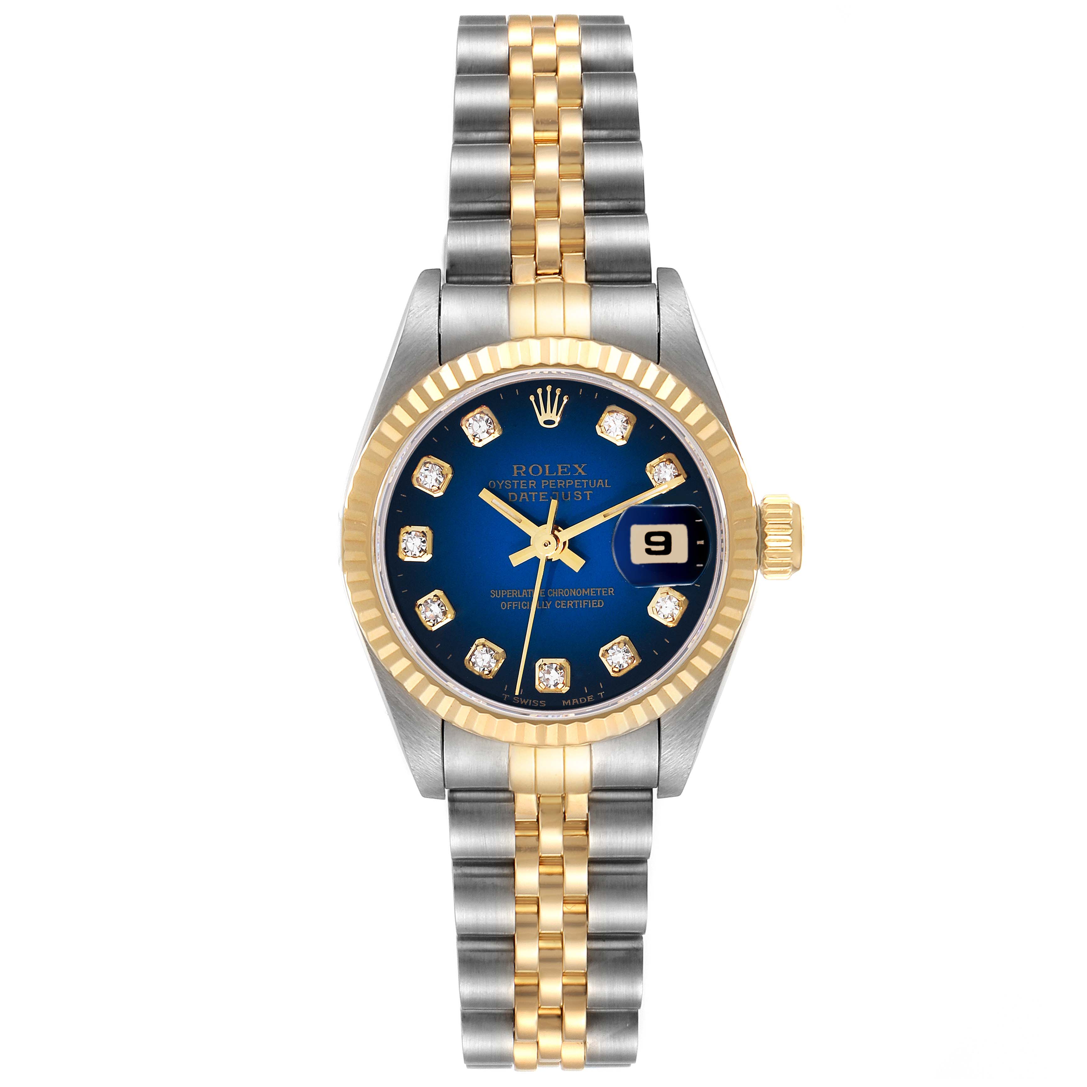The Rolex Datejust 69173 Women's Stainless Steel Blue Dial 69173 Women's Stainless Steel Blue Dial watch is shown from a front angle, displaying its face, bezel, and two-tone bracelet.