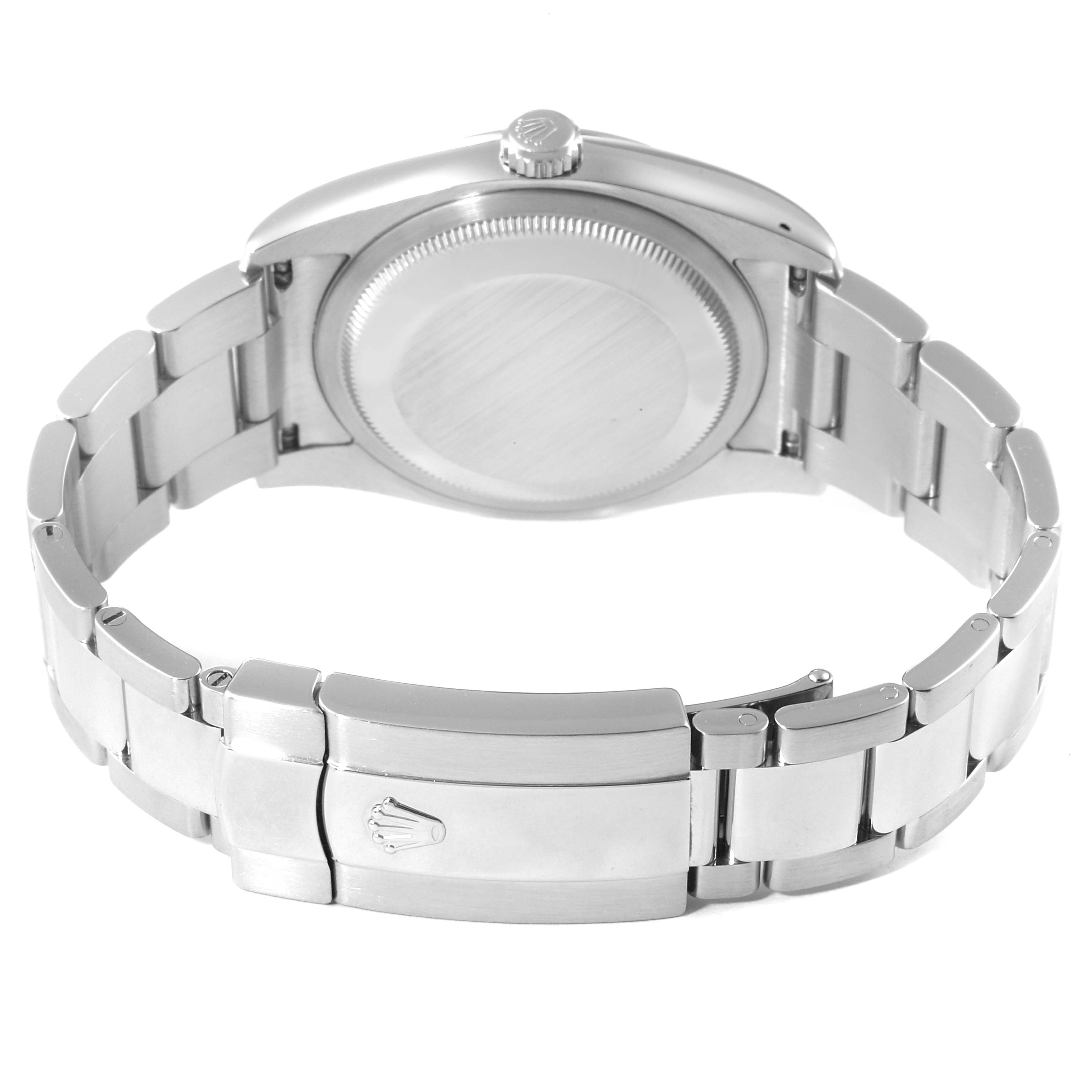 The image shows the back case and bracelet clasp of the Rolex Datejust 116200 Men's Stainless Steel Blue Dial 116200 Men's Stainless Steel Blue Dial watch, viewed from behind.