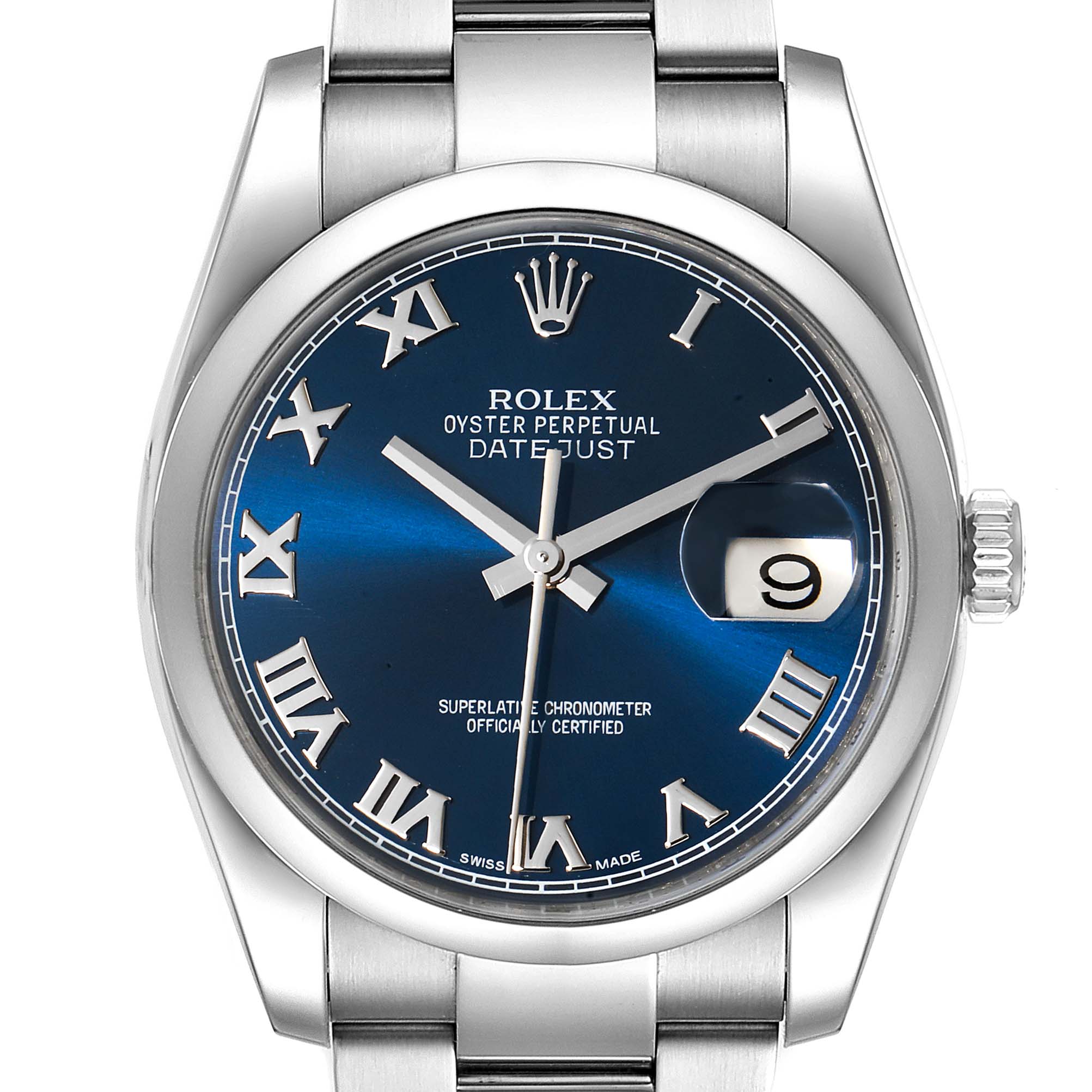 The Rolex Datejust 116200 Men's Stainless Steel Blue Dial 116200 Men's Stainless Steel Blue Dial watch is shown from the front, displaying the blue dial, Roman numerals, hands, and date window.