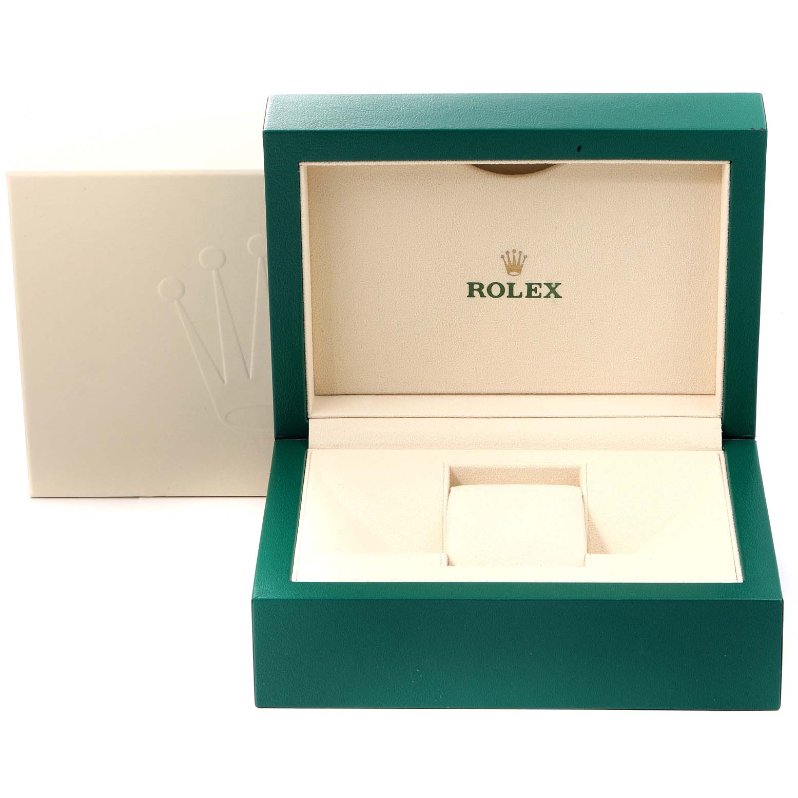 The image shows an open green and beige Rolex Datejust 116200 Men's Stainless Steel Blue Dial 116200 Men's Stainless Steel Blue Dial watch box with the brand logo inside.