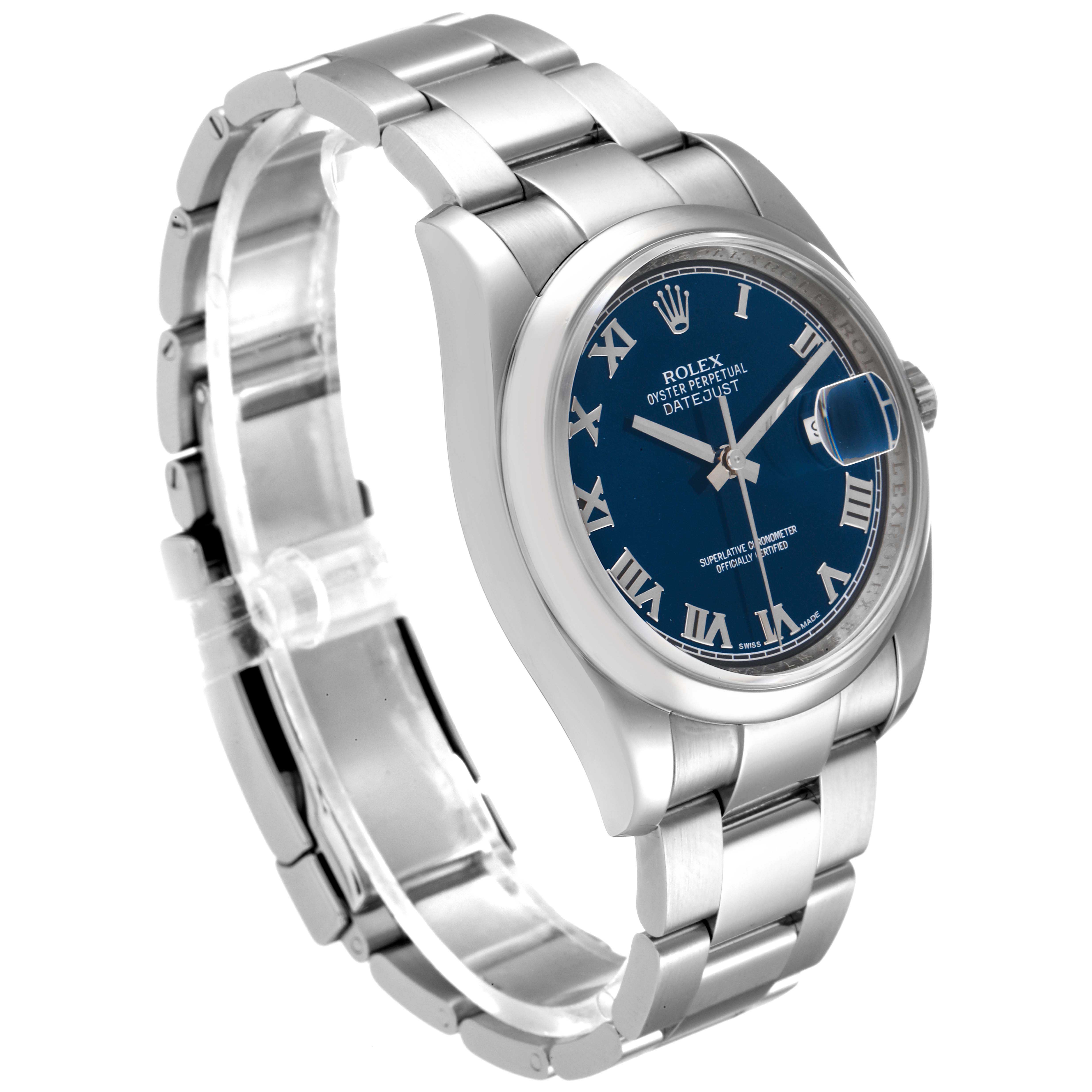 The image shows a Rolex Datejust 116200 Men's Stainless Steel Blue Dial 116200 Men's Stainless Steel Blue Dial watch from a front angle, highlighting its blue dial, silver Roman numerals, and bracelet.