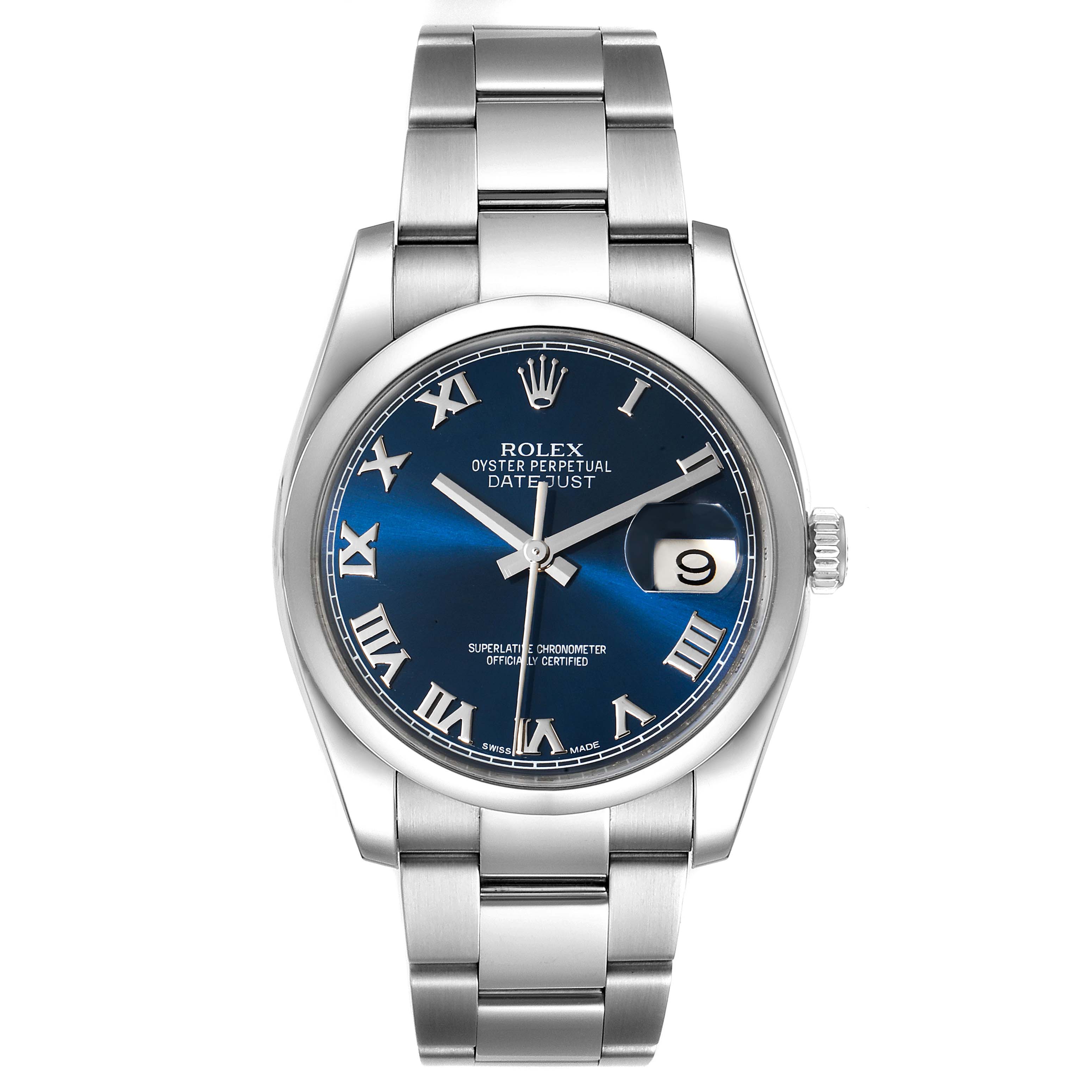 The image shows a front view of a Rolex Datejust 116200 Men's Stainless Steel Blue Dial 116200 Men's Stainless Steel Blue Dial watch displaying its blue dial, Roman numerals, date feature, and metallic bracelet.