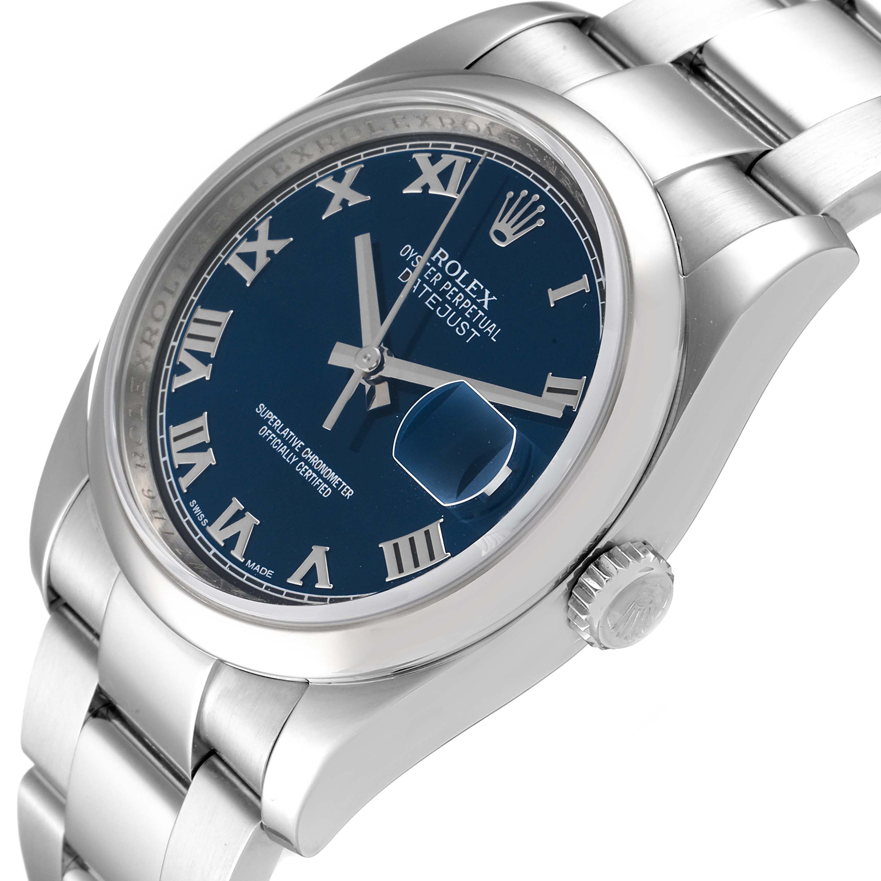 The image shows a Rolex Datejust 116200 Men's Stainless Steel Blue Dial 116200 Men's Stainless Steel Blue Dial watch at an angled view, highlighting its blue dial, stainless steel case, and bracelet.