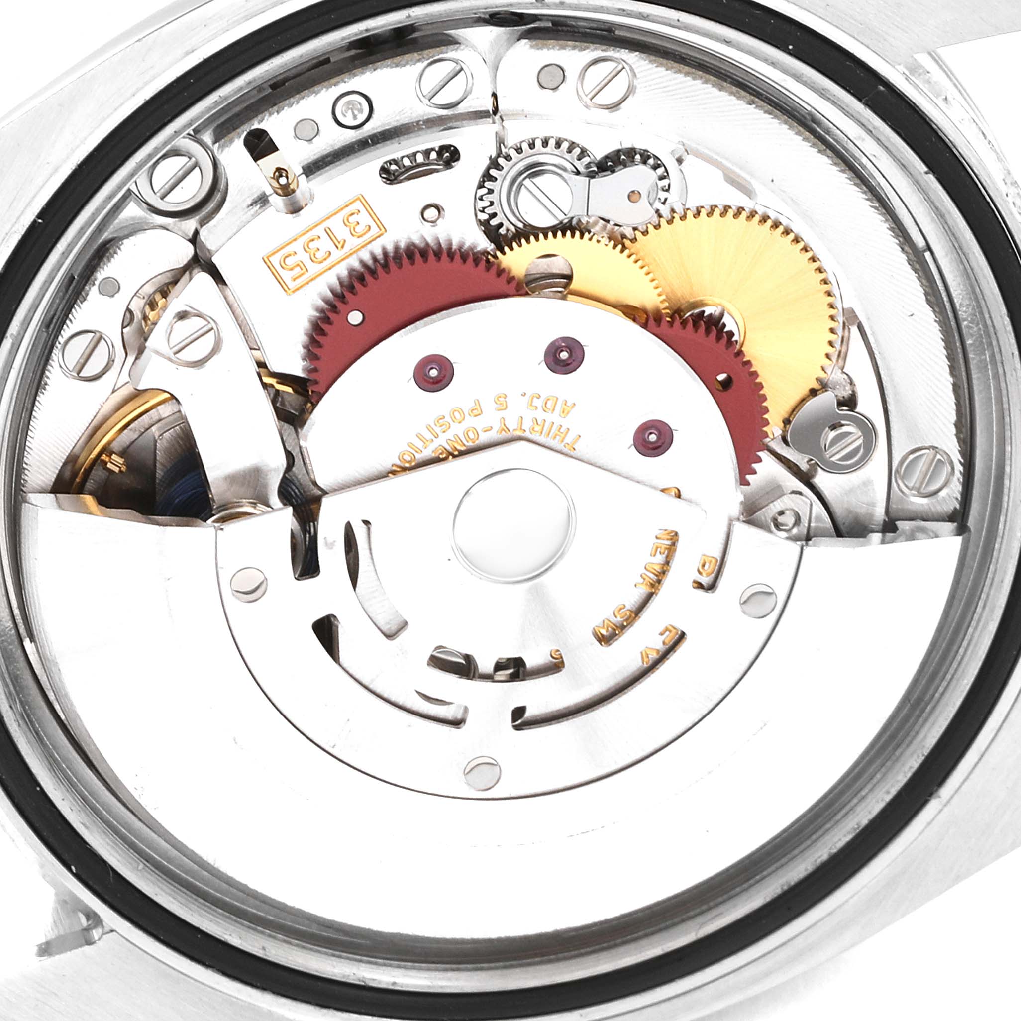 The image displays the inner mechanism and movement of a Rolex Datejust 116200 Men's Stainless Steel Blue Dial 116200 Men's Stainless Steel Blue Dial watch from a back view.