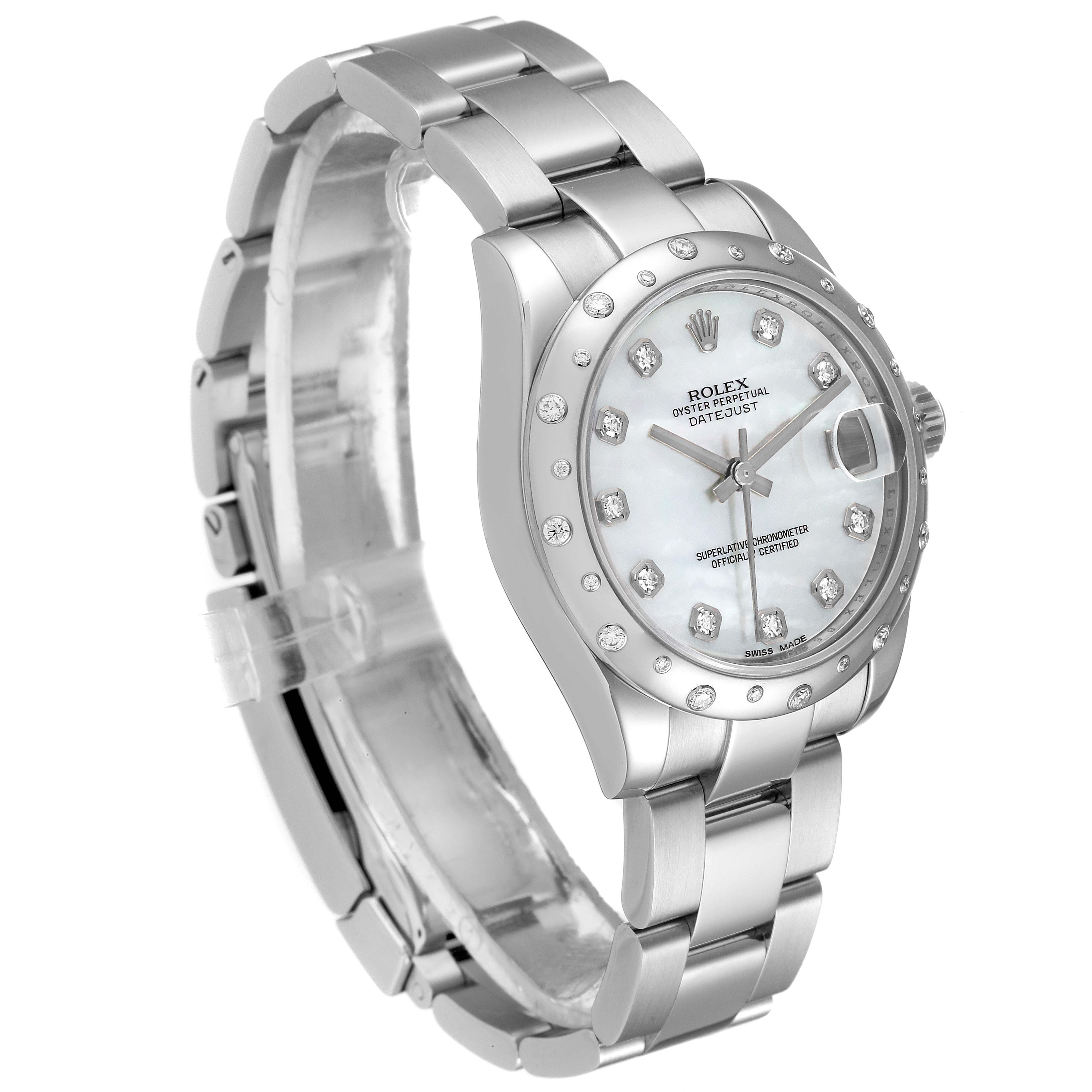 The Rolex Mid-Size 178344 Women
s Stainless Steel Mother of Pearl Dial 178344 Women
s Stainless Steel Mother of Pearl Dial Datejust watch is shown at a three-quarter angle, displaying the face, bezel, and bracelet.
