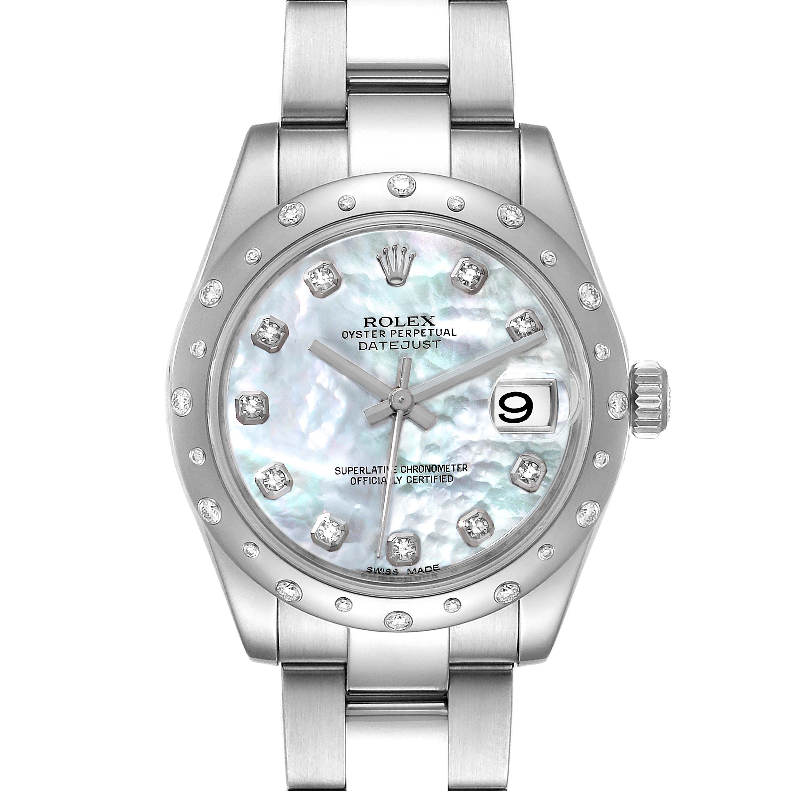 The image shows a front view of the Rolex Oyster Perpetual Datejust Mid-Size watch with a diamond bezel and a mother-of-pearl dial.