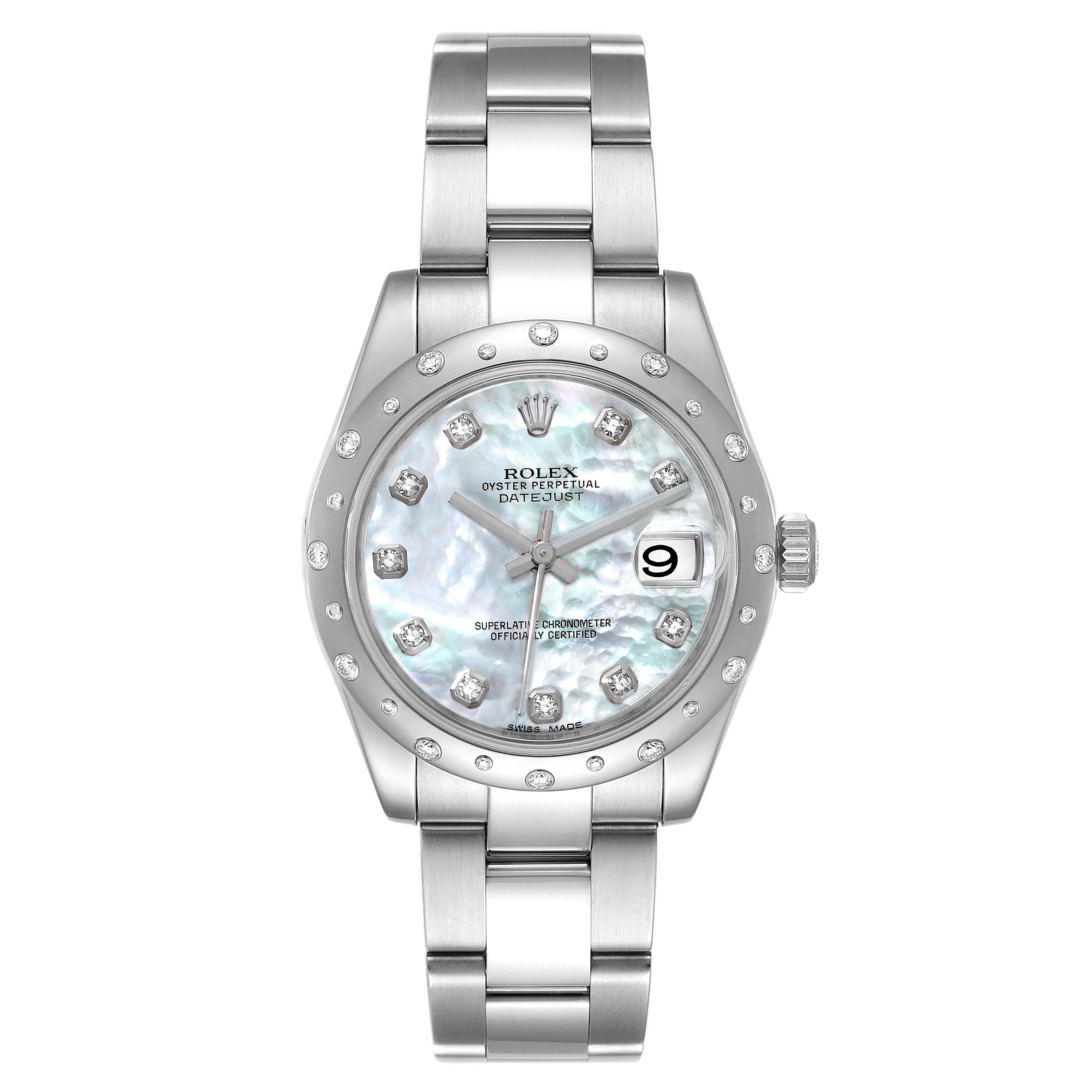 This image shows a front view of a Rolex Mid-Size 178344 Women
s Stainless Steel Mother of Pearl Dial 178344 Women
s Stainless Steel Mother of Pearl Dial Oyster Perpetual Datejust watch displaying its face, bezel, and bracelet.