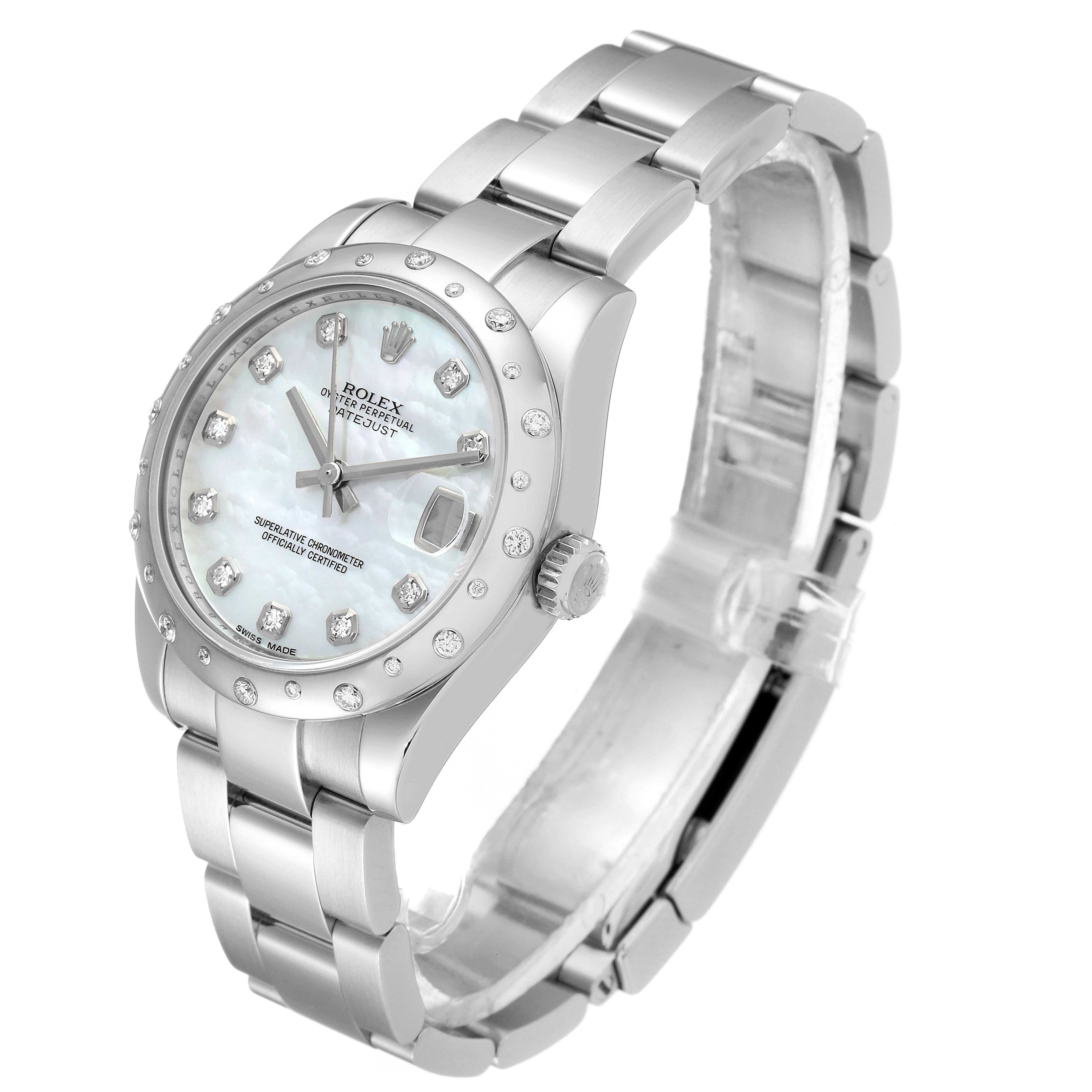The image shows a Rolex Mid-Size 178344 Women
s Stainless Steel Mother of Pearl Dial 178344 Women
s Stainless Steel Mother of Pearl Dial model watch at an angled view, displaying its face, bezel, crown, and bracelet.