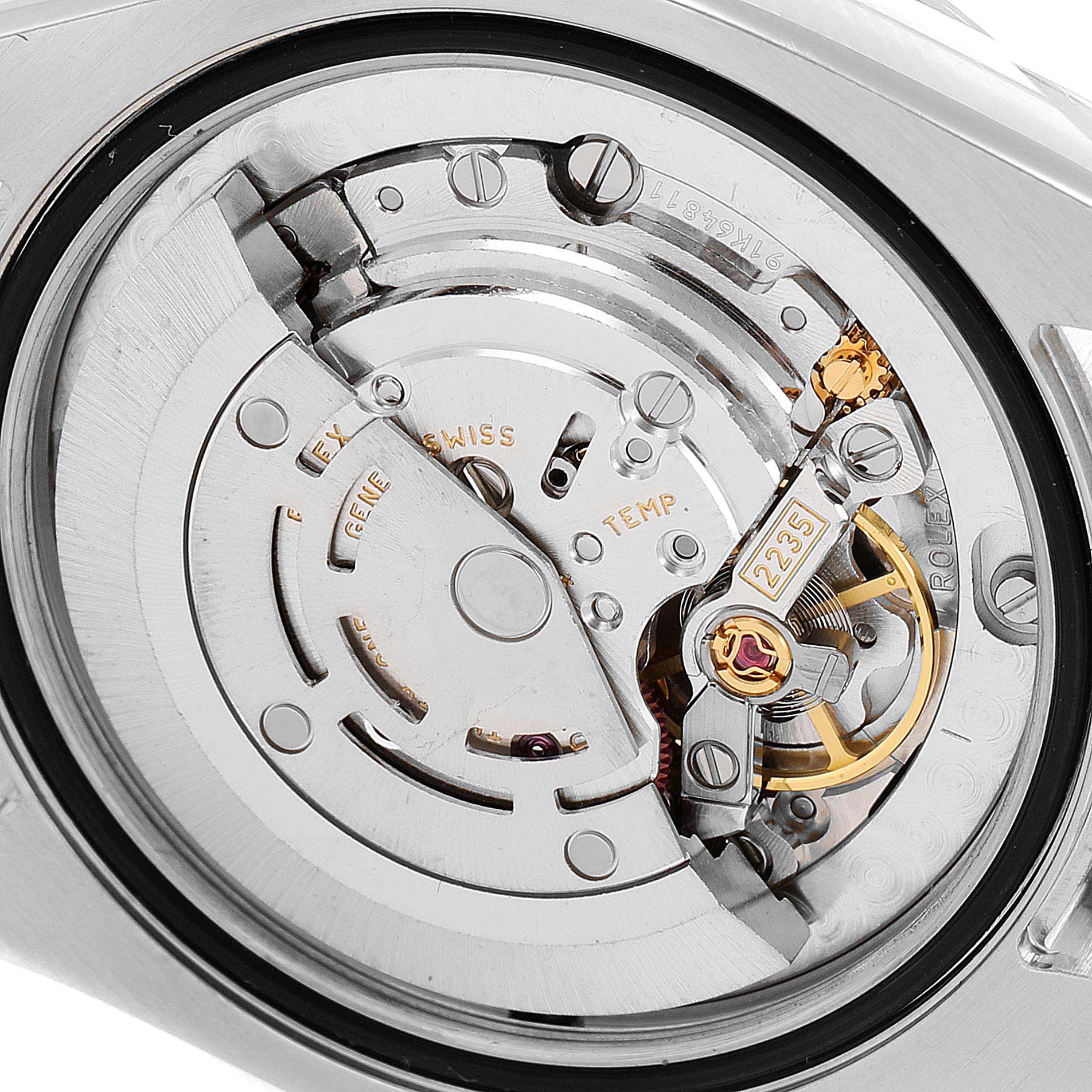 The image shows a close-up view of the inner movement mechanism of the Rolex Mid-Size 178344 Women
s Stainless Steel Mother of Pearl Dial 178344 Women
s Stainless Steel Mother of Pearl Dial model.