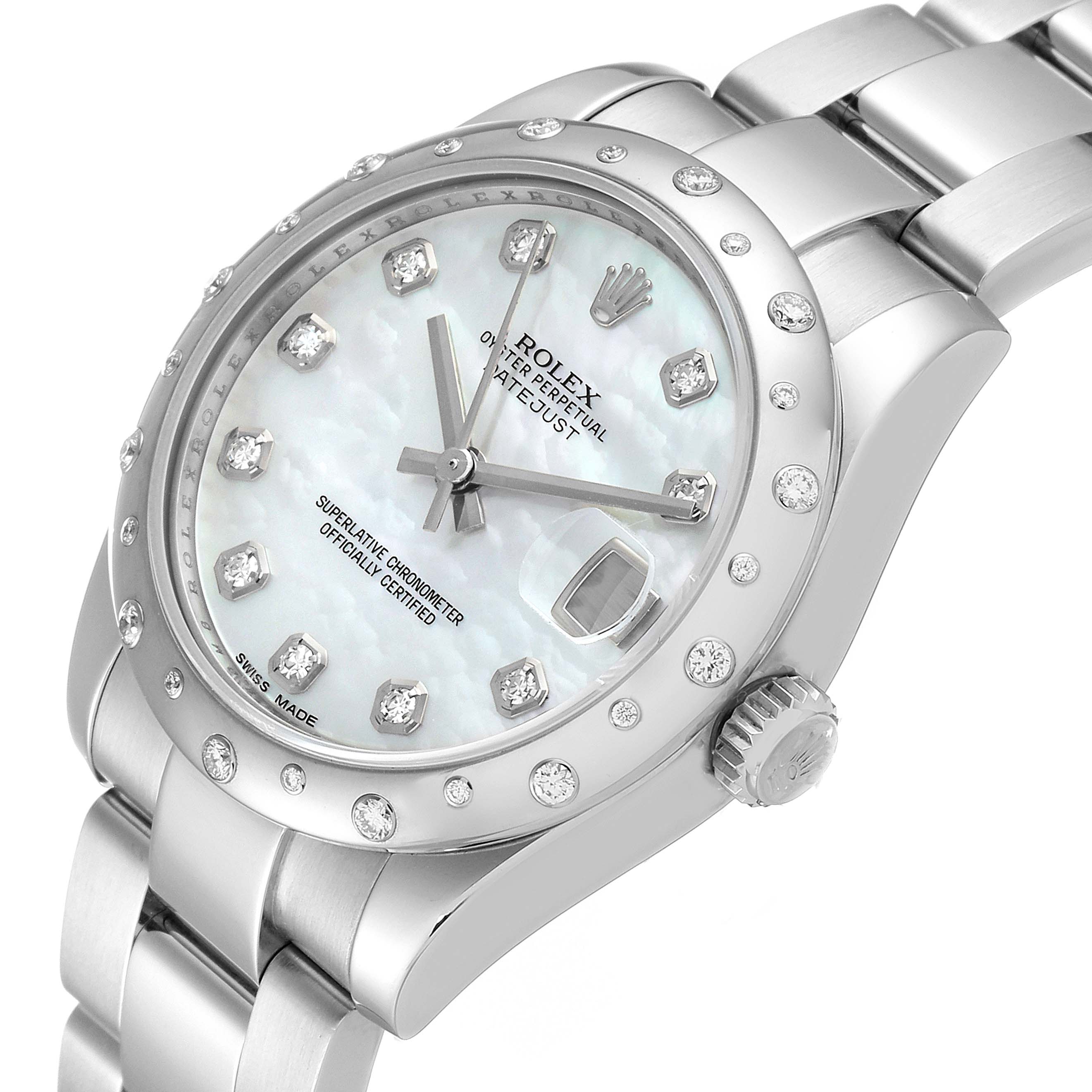 The image displays the Rolex Mid-Size 178344 Women
s Stainless Steel Mother of Pearl Dial 178344 Women
s Stainless Steel Mother of Pearl Dial Datejust from a three-quarter angle, showcasing the dial, bracelet, bezel, and crown.
