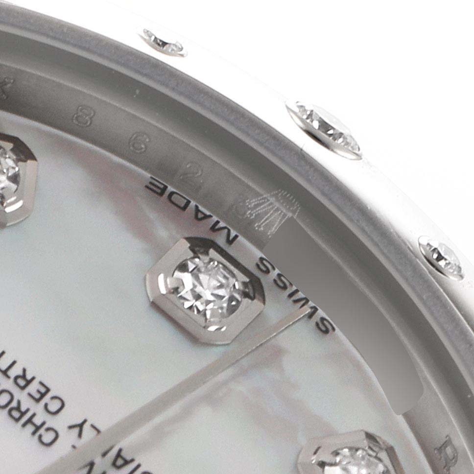 Close-up of a Rolex Mid-Size 178344 Women
s Stainless Steel Mother of Pearl Dial 178344 Women
s Stainless Steel Mother of Pearl Dial watch showing its bezel set with diamonds, dial, and partial "SWISS MADE" text.