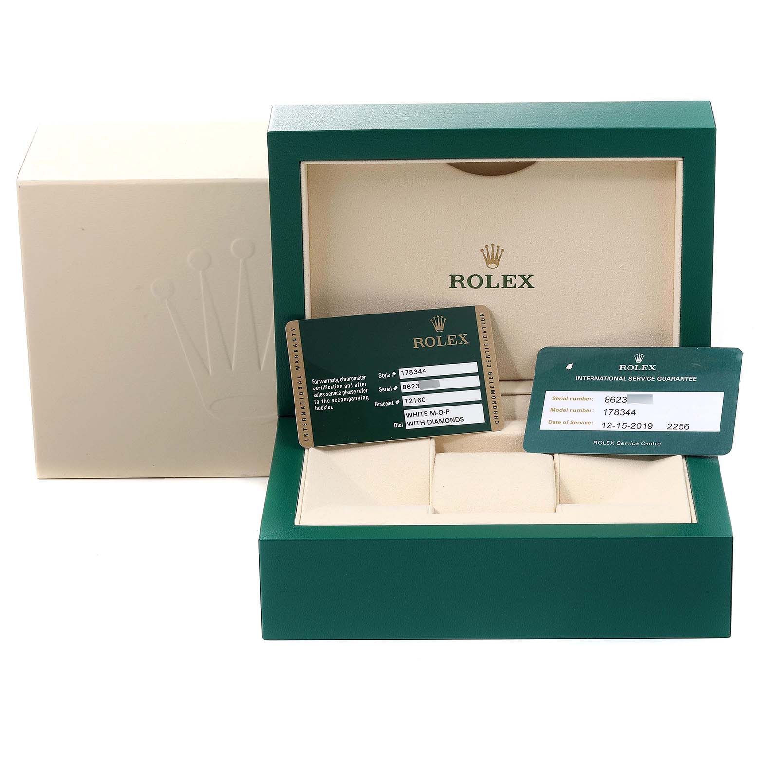 The image shows a Rolex Mid-Size 178344 Women
s Stainless Steel Mother of Pearl Dial 178344 Women
s Stainless Steel Mother of Pearl Dial watch box with an open lid, warranty cards, and a cream inner lining.