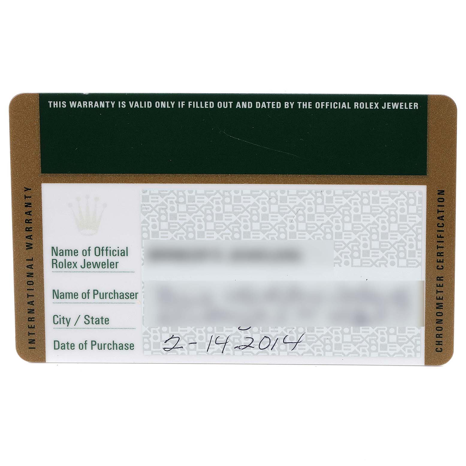 The image shows the front side of the official warranty card for a Mid-Size Rolex watch.