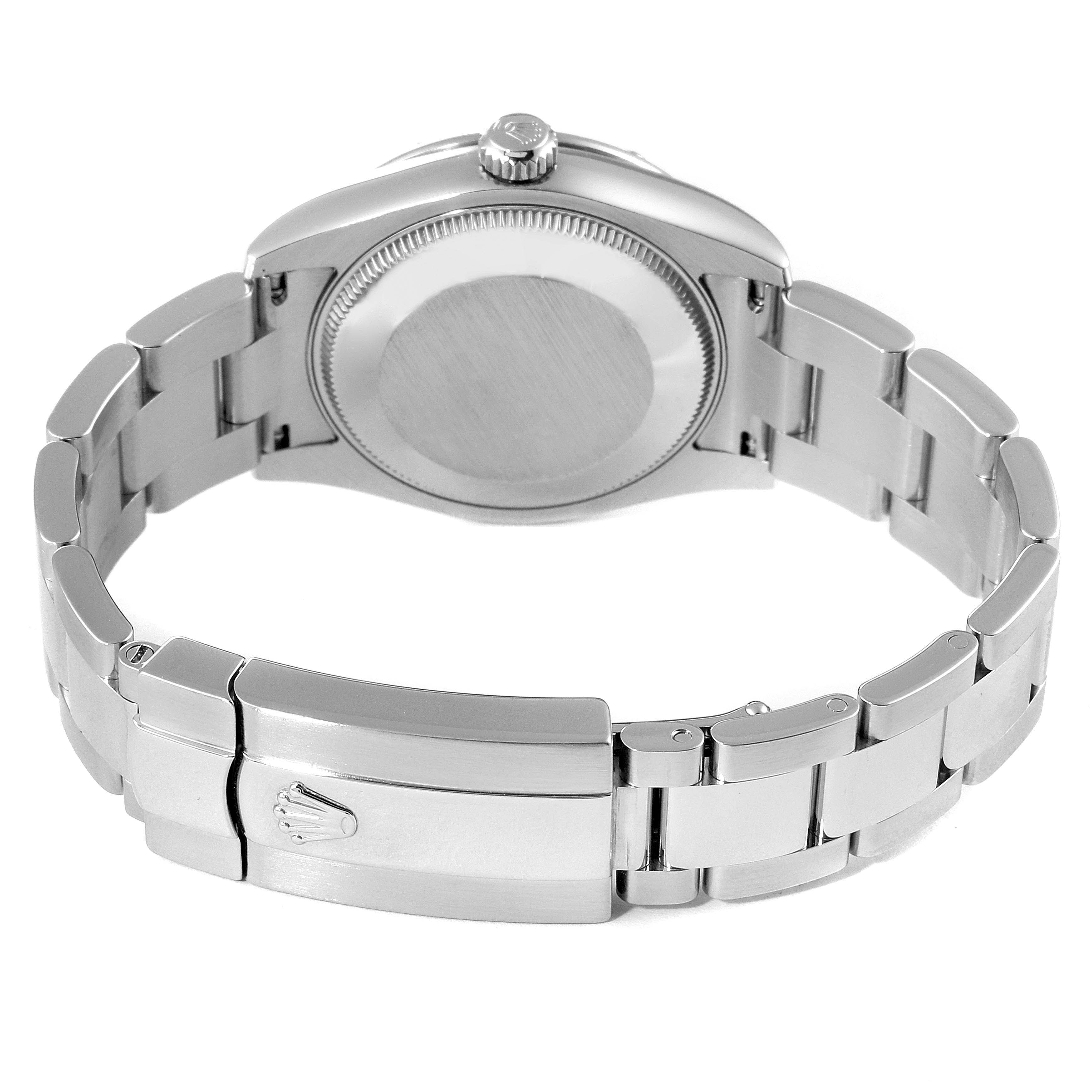 This image shows the back and clasp of the Rolex Mid-Size 178344 Women
s Stainless Steel Mother of Pearl Dial 178344 Women
s Stainless Steel Mother of Pearl Dial watch at a slight angle.