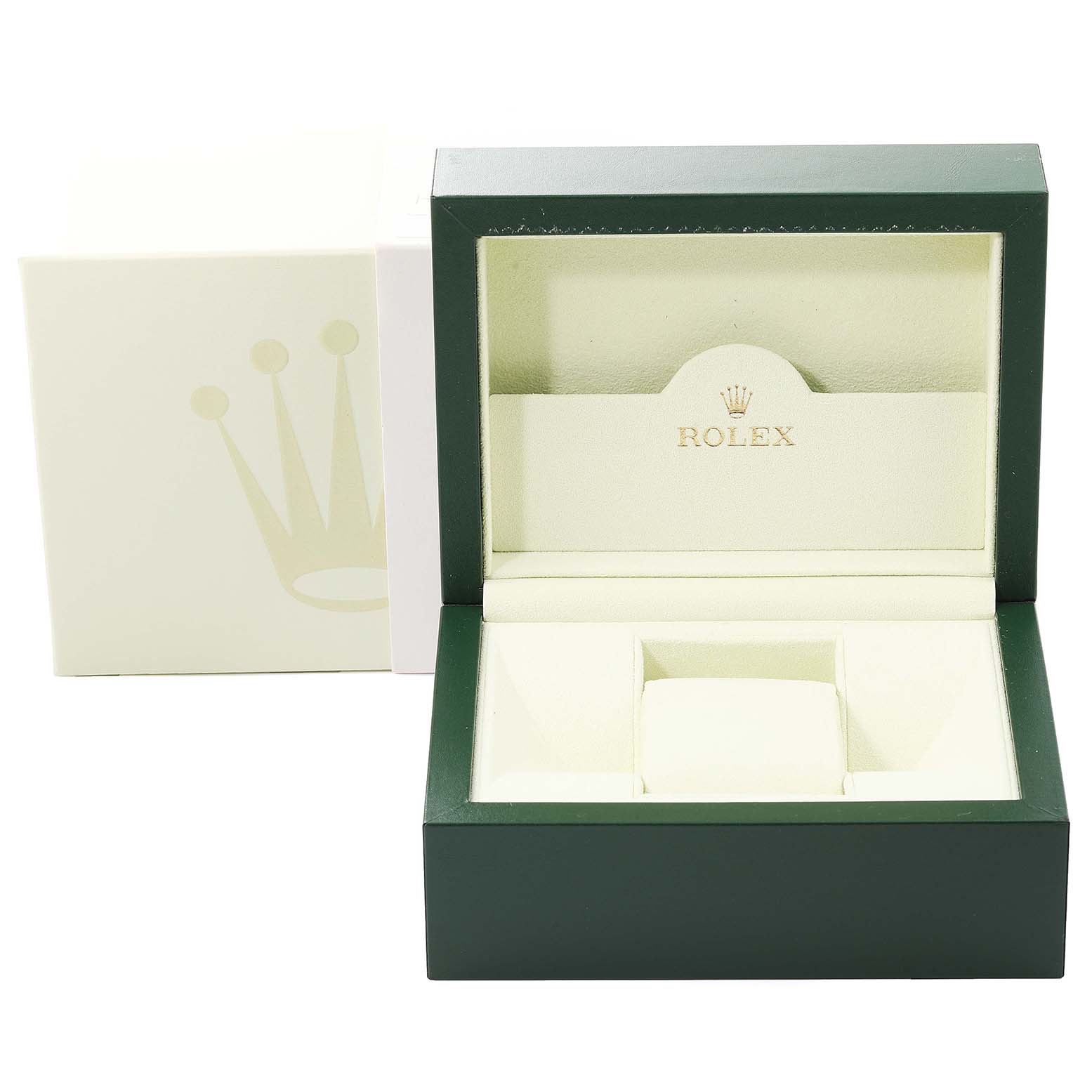 The image shows the open box for the Mid-Size Rolex watch, including the inner cushion and Rolex branding.
