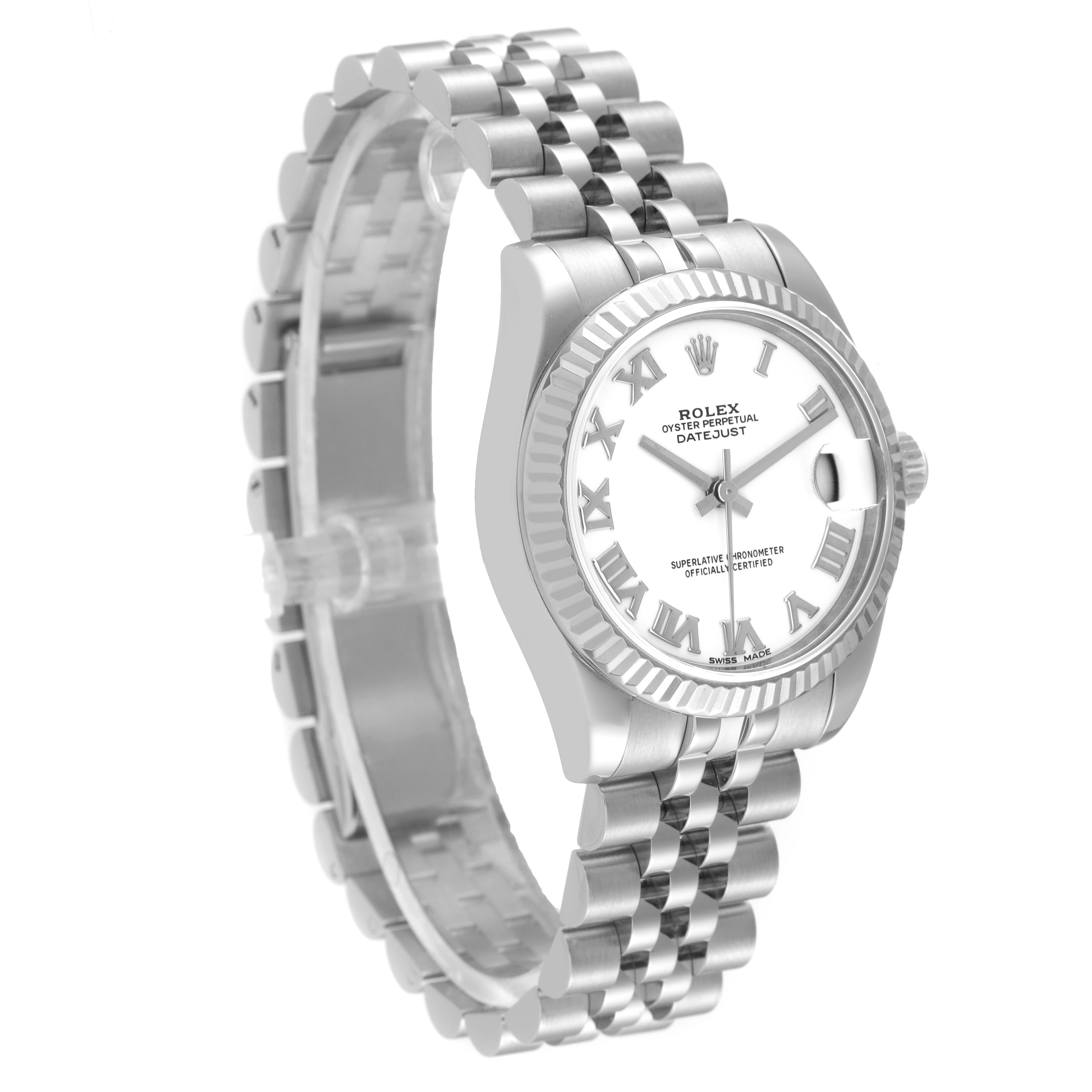 The image shows a side angle of a Rolex Mid-Size 178274 Women
s Stainless Steel White Dial 178274 Women
s Stainless Steel White Dial Datejust watch, displaying the dial, bezel, and bracelet.